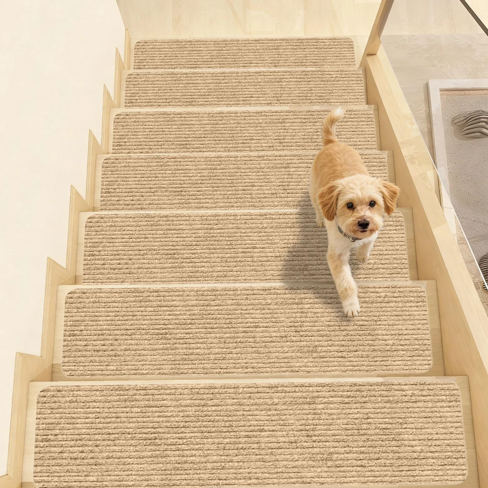 15 piezas de alfombrillas para escalones, alfombrillas de 55 x 22 cm, alfombrilla de puerta beige repelente al agua, autoadhesiva antideslizante rectangular para escalones, para interior, para