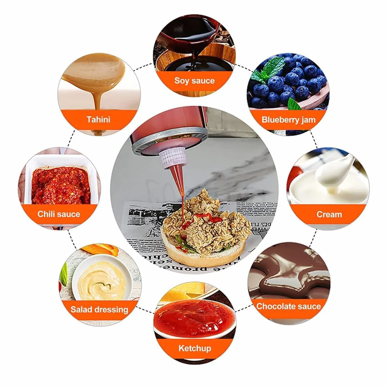 Pistola dispensadora de salsa, contenedor dosificador de acero inoxidable de 650 ml para cocina, ideal para tomate, ensalada y salsas de fresa, fácil de usar y limpiar