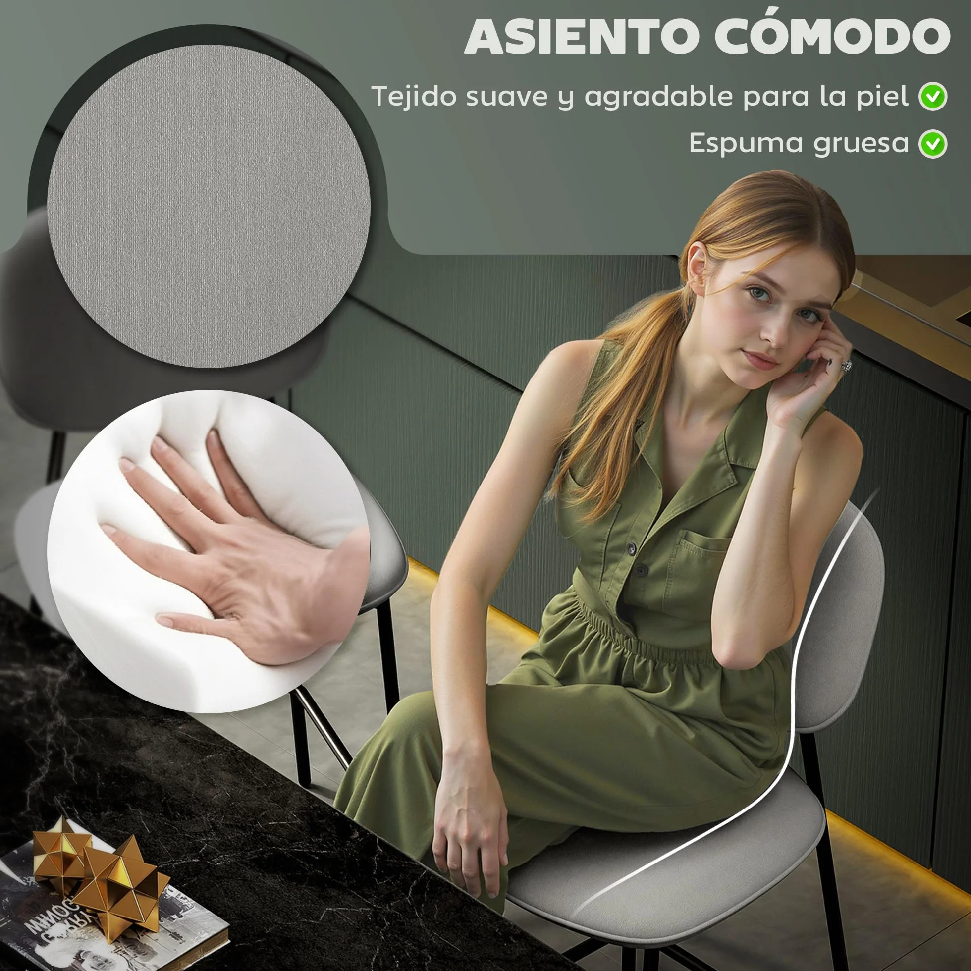 HOMCOM Juego de 2 Taburetes de Bar con Respaldo y Reposapiés Gris Claro | Taburetes Altos de Cocina, Tapizado en Terciopelo, Marco de Acero, para Comedor Mostrador