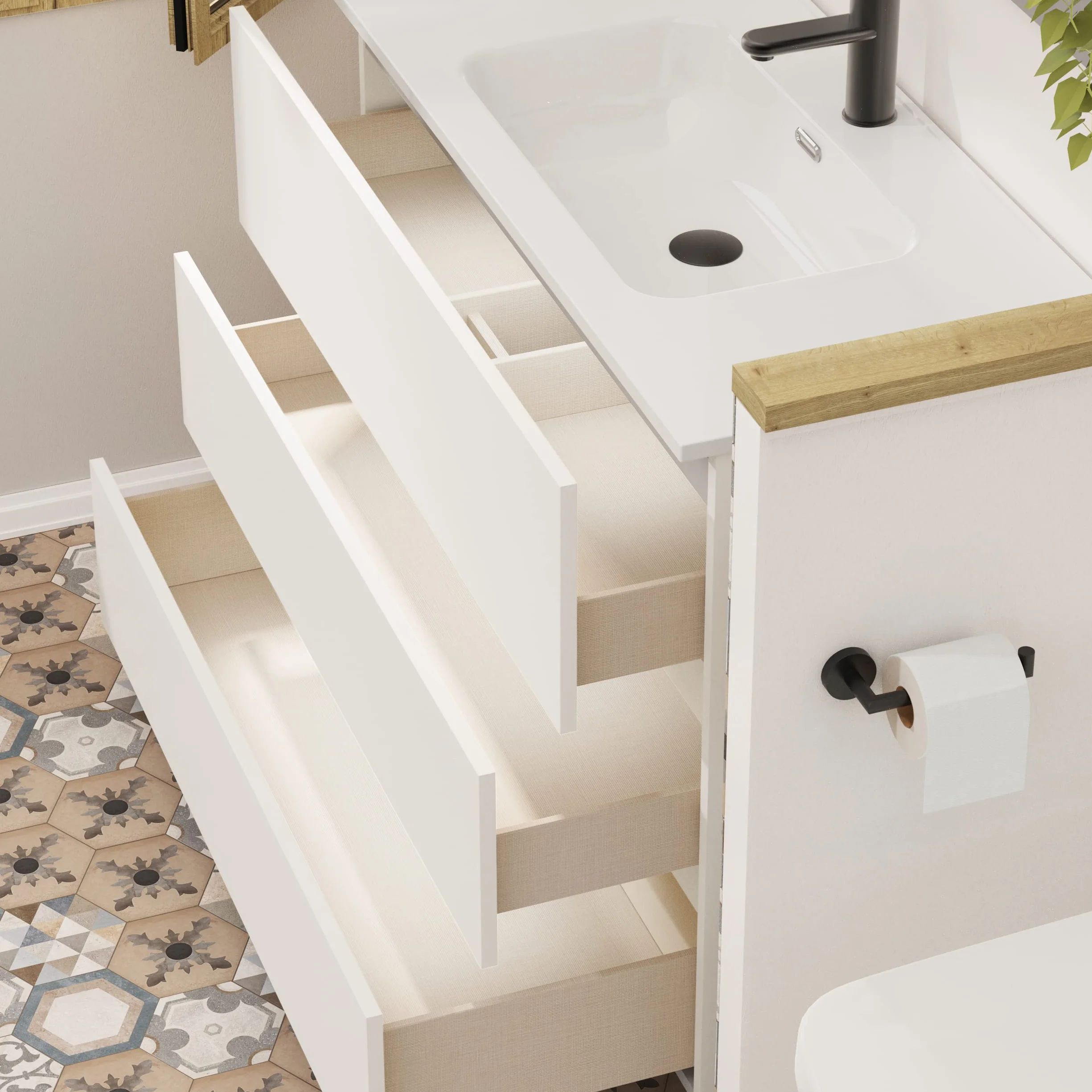 Baikal | Conjunto Completo de Mueble de Baño Suspendido a la Pared con Lavabo Cerámico y Espejo | Tres Cajones, Cierre Amortiguado, Melamina 16mm | Mueble MONTADO | Blanco Mate | 100cm