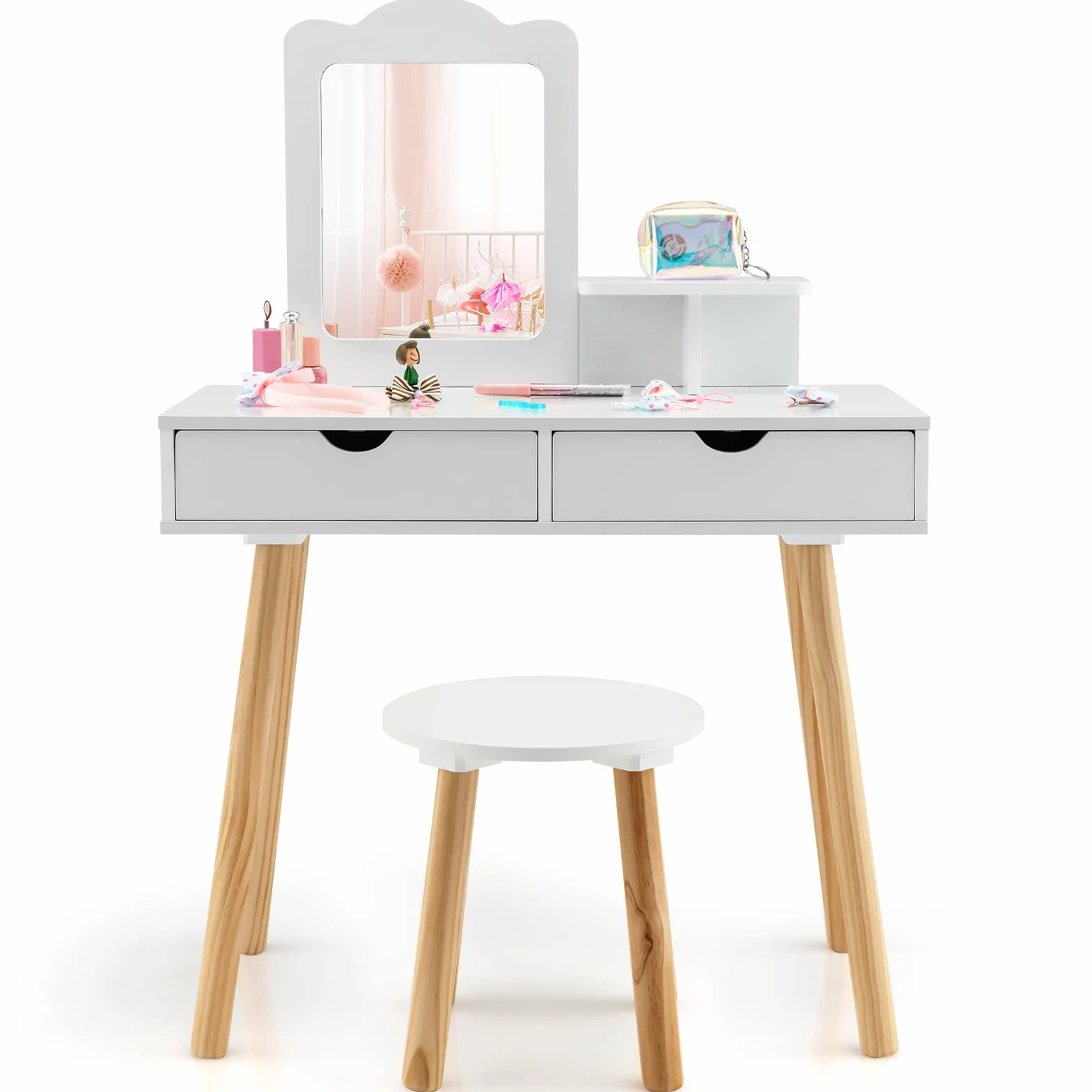 COSTWAY Juego de tocador para niños, 2 en 1, Escritorio y Taburete con Espejo extraíble, 2 cajones, Peine, tocador de Madera, para niñas de 3 a 7 años