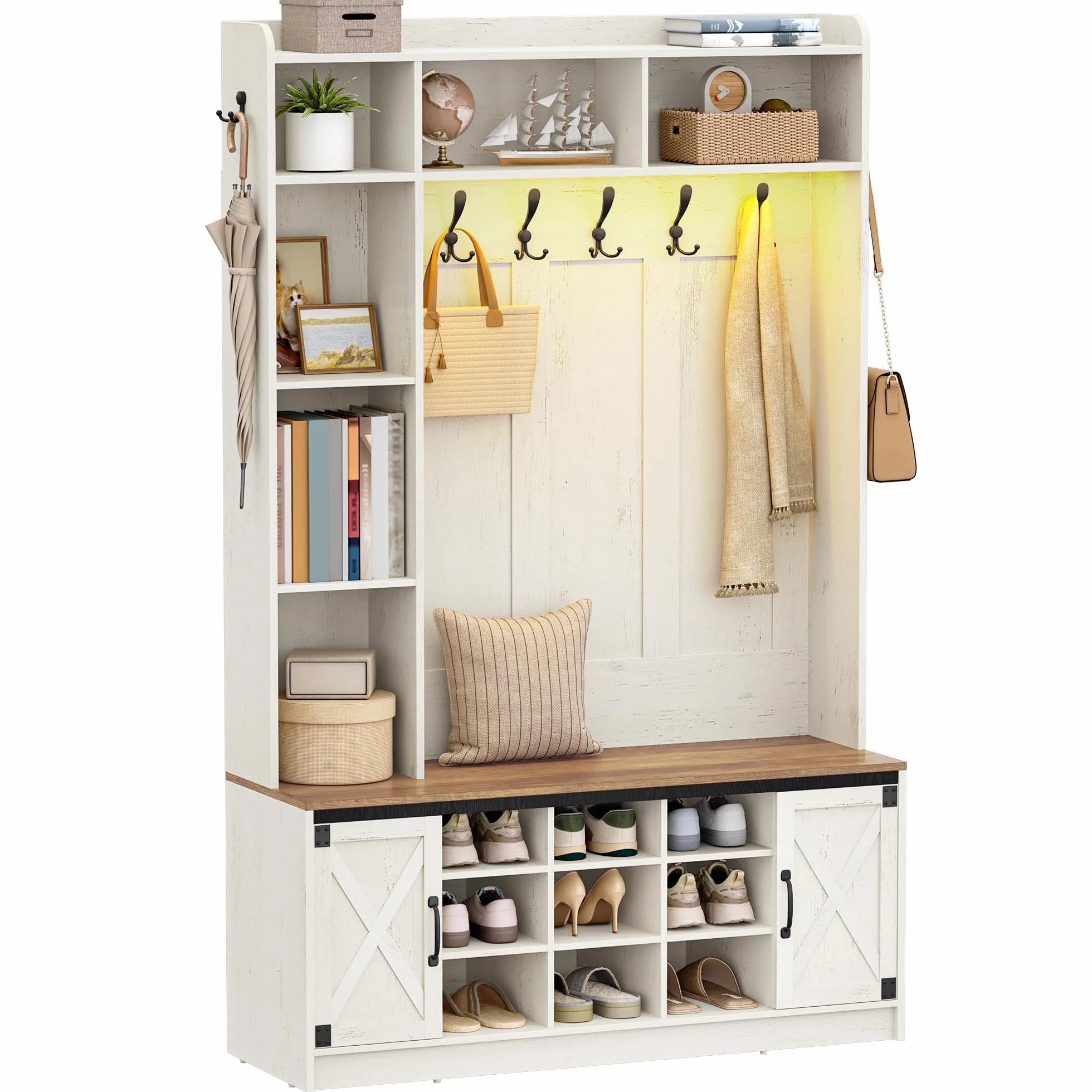 Hzuaneri Perchero LED con Banco de Zapatos, Mueble de Entrada, Estantes Ajustables, 15 Compartimentos Abiertos, 7 Ganchos, para Entrada, Pasillo, Blanco y Marrón HT24614XEU