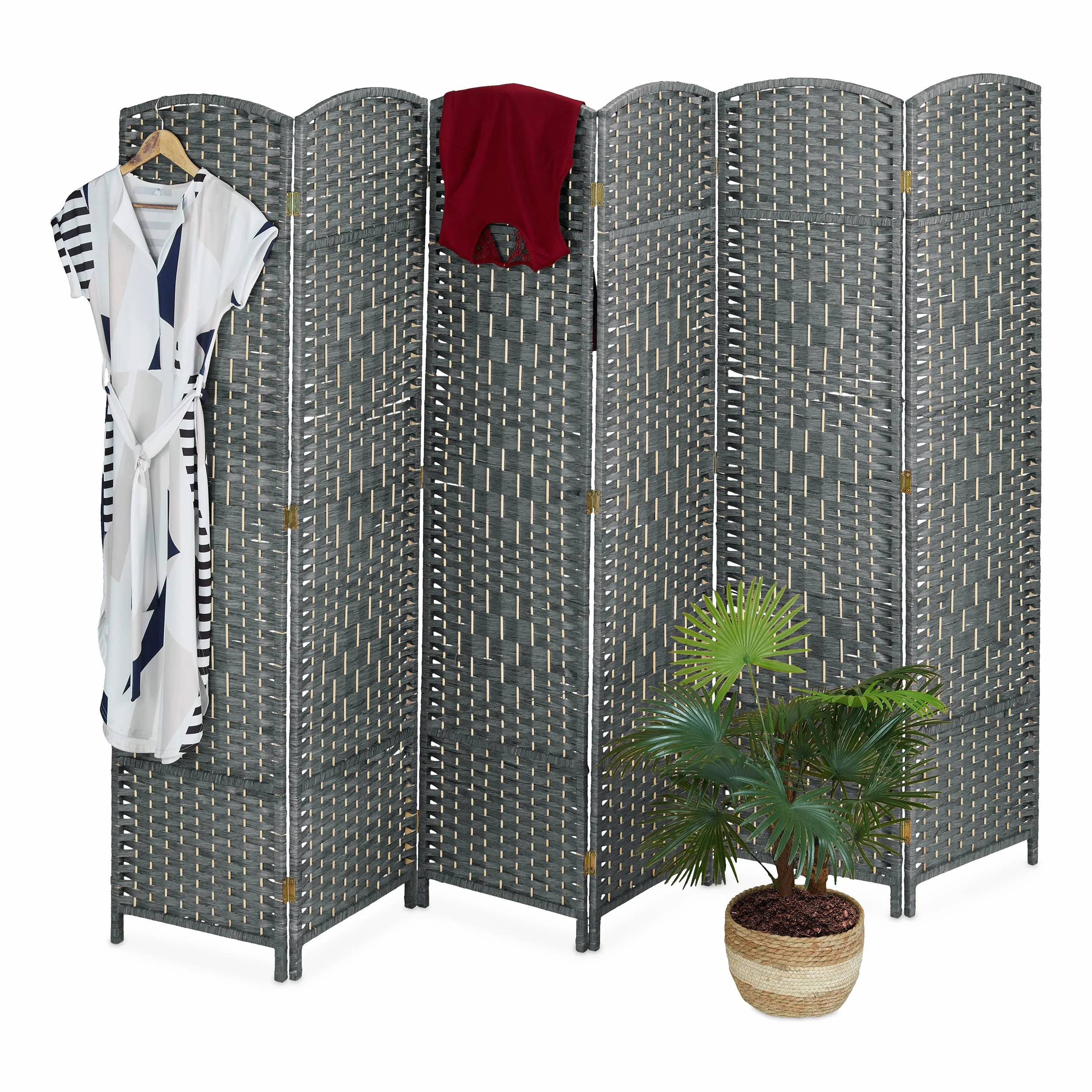Relaxdays Biombo, 6 Paneles, Separador Ambientes Plegable, 170x241 cm, Interiores, Madera, Cuerda Papel, Parabán, Gris