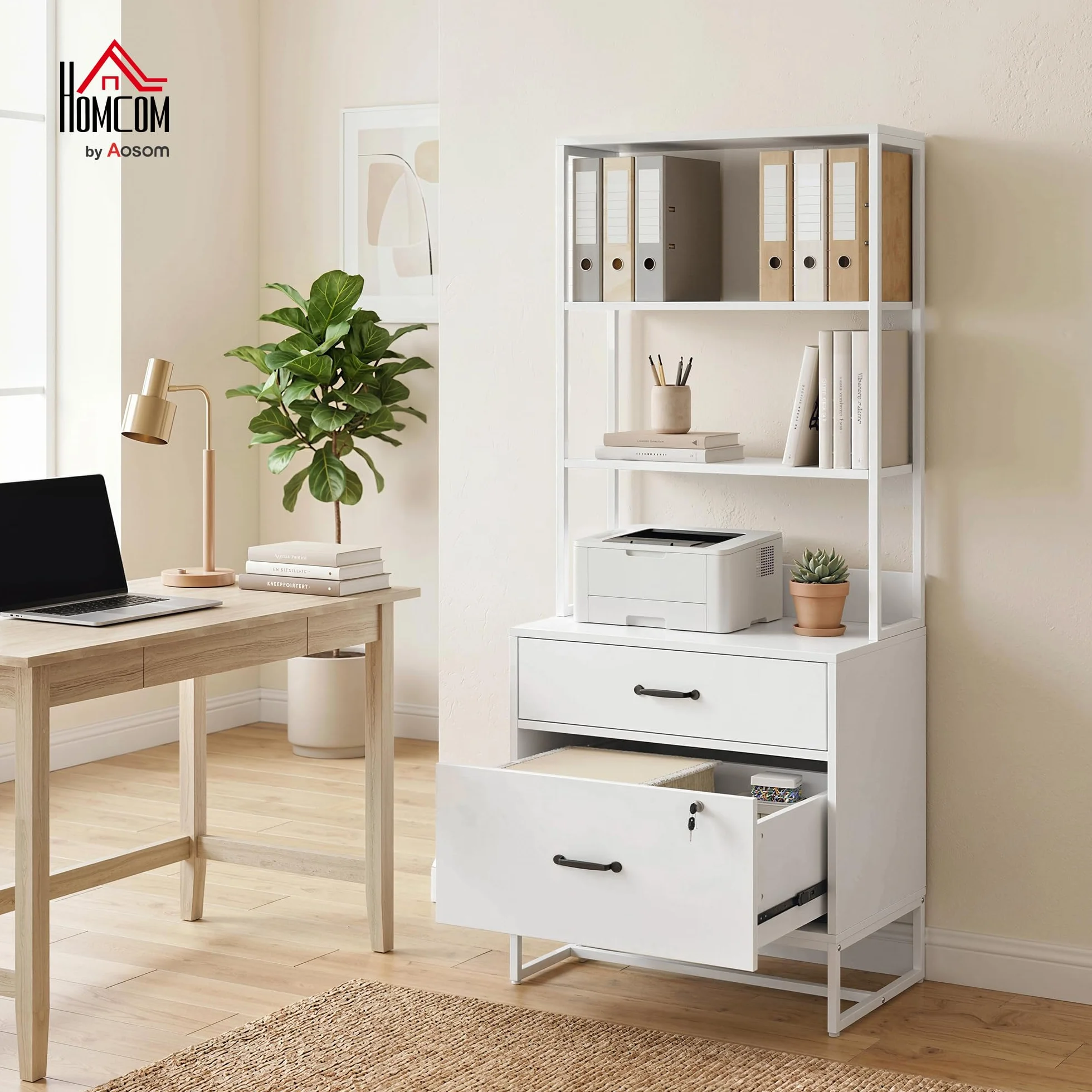 HOMCOM Cajonera Escritorio con Estantería, Mueble Archivador con 2 Cajones, Encimera para Impresora, Cerradura, para A4 Letter Legal, para Oficina, Estudio, Blanco