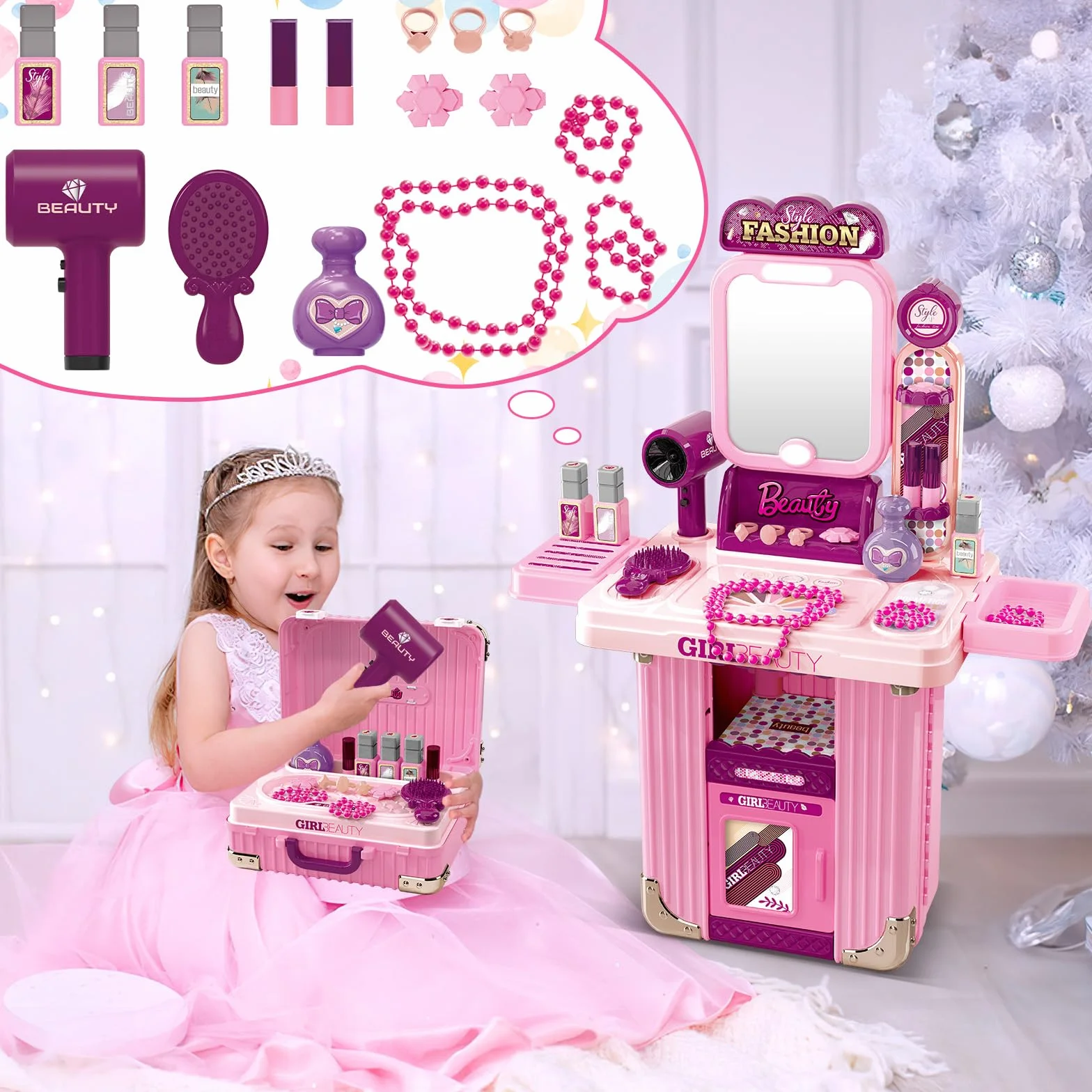 deAO Tocador de Maquillaje Niña Princesa con Maletín, Juegos Infantiles 3-12 años