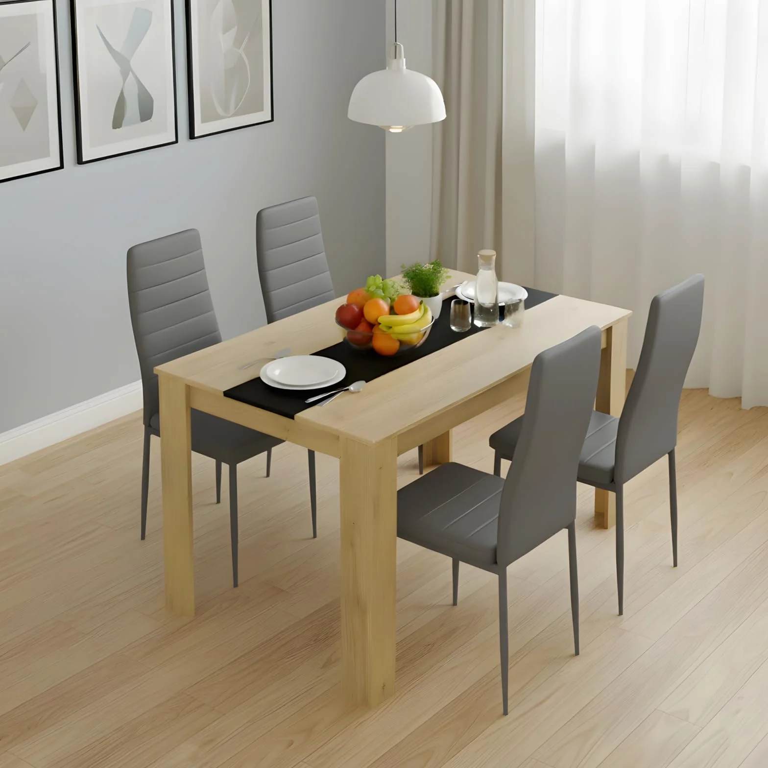 Juego de mesa de comedor rectangular de 110 cm con 4 sillas, conjunto de mesa y sillas de comedor de piel sintética gris, para pequeño espacio de cocina, comedor y salón (roble + gris)