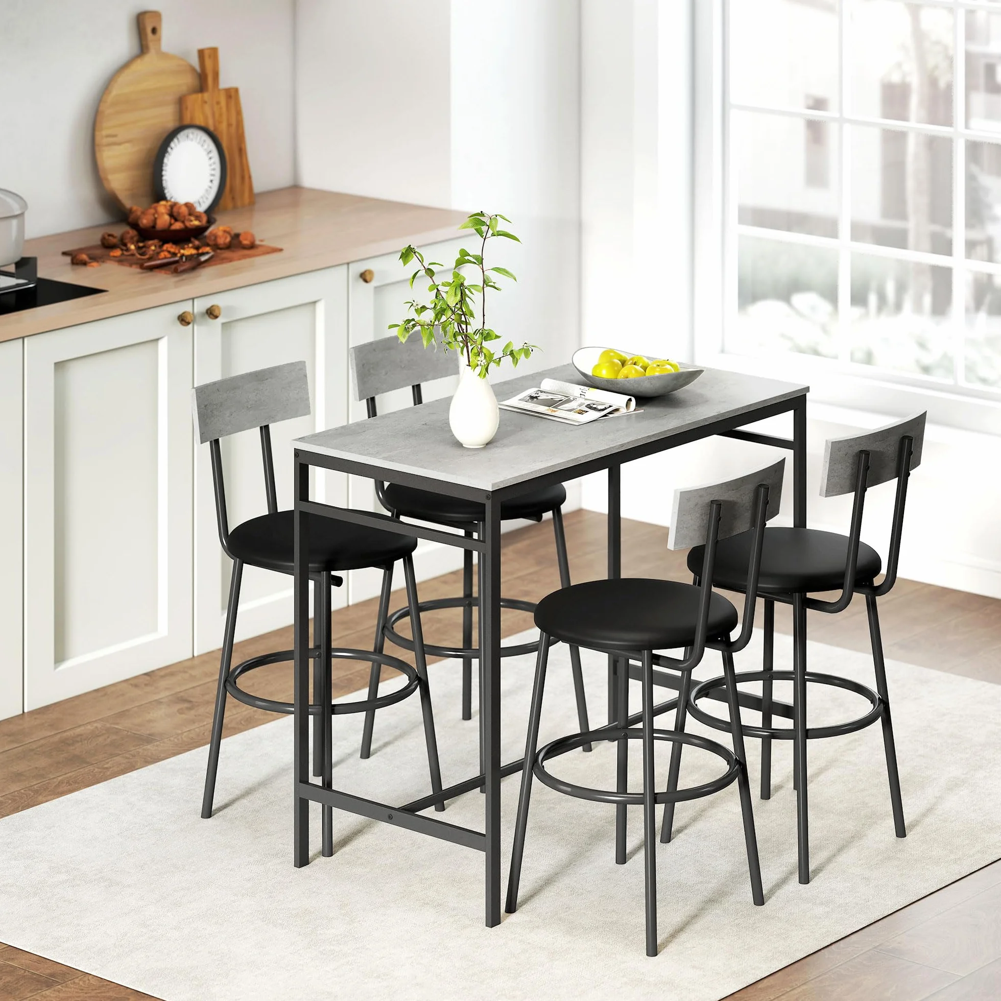 HOMCOM Juego de Mesa de Bar con 4 Taburetes de Cuero PU, Sillas de Bar y Cocina Ahorran Espacio, Patas de Acero, Estilo Moderno, Mesa Alta para Comedor