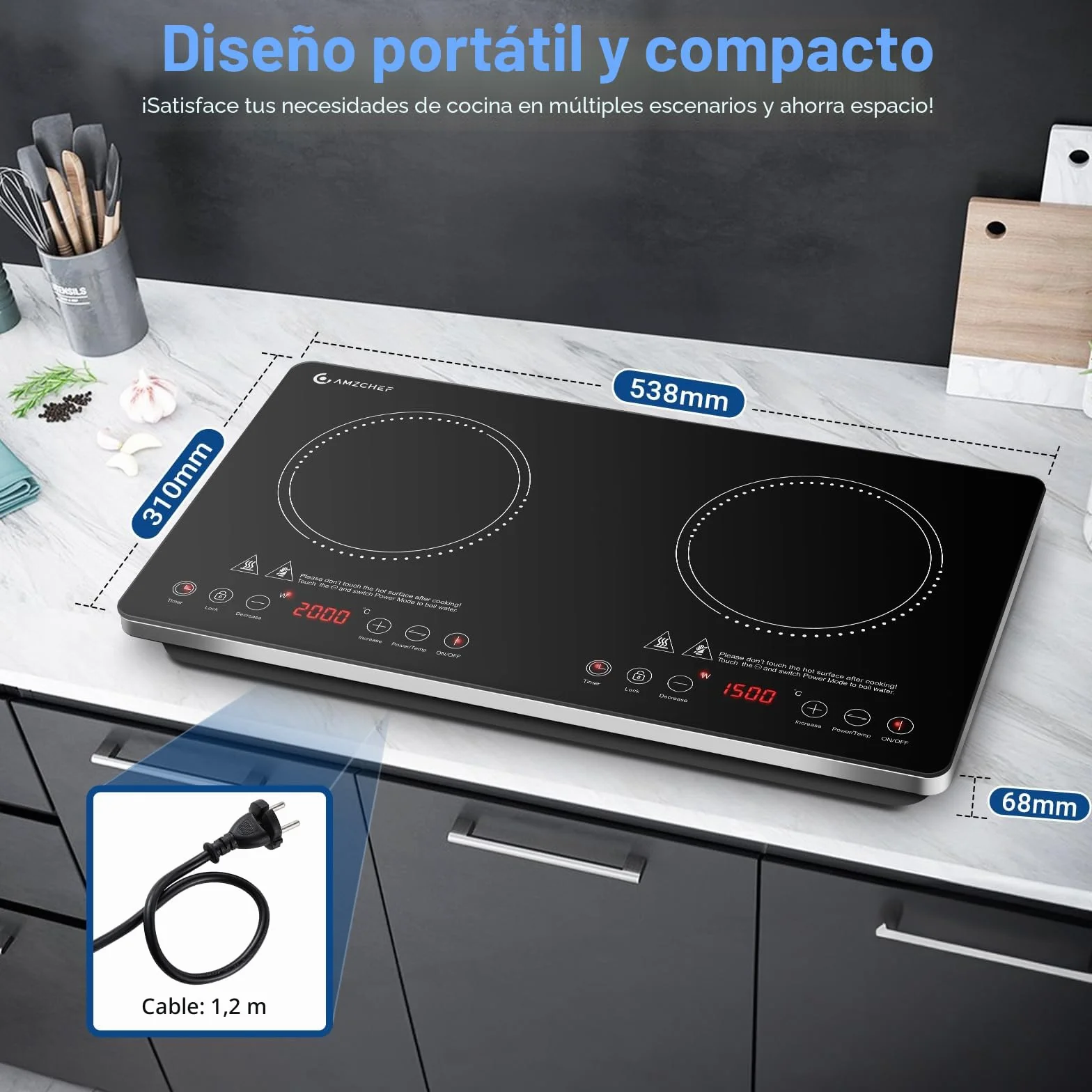 AMZCHEF Placa Inducción 2 Fuegos, Placa de Inducción Portatil 3500W con Controles Independientes, IGBT Mejorado, 20 Niveles de Temperatura, Múltiples Niveles de Potencia, Temporizador de 4 Horas