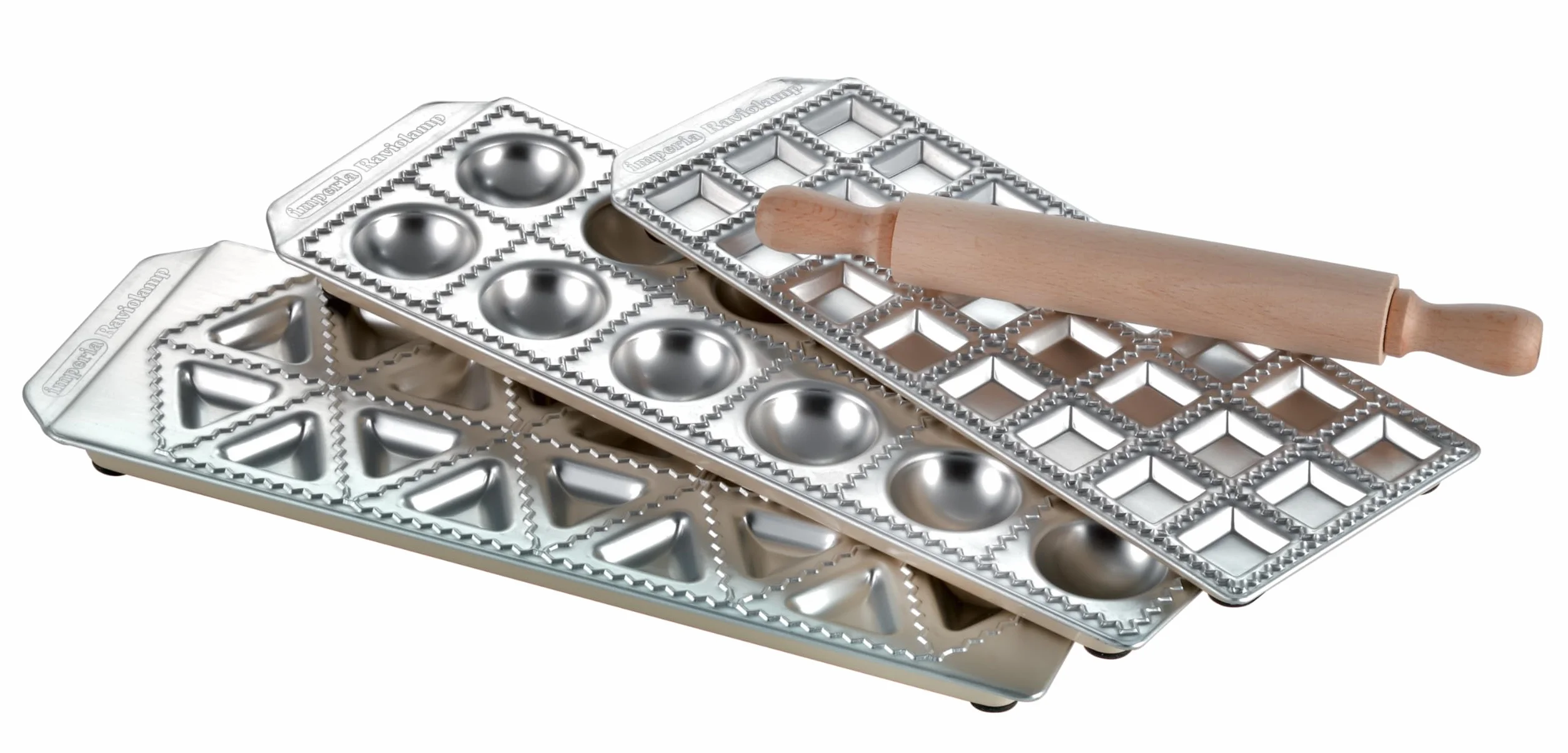 Imperia Raviolamp Tris Línea Clásica. Moldes para pasta fresca para 24 ravioles cuadrados, 12 redondos, 18 tortelli. Made in Italy. Accesorios para máquinas de pasta en aluminio. Rodillo incluido.