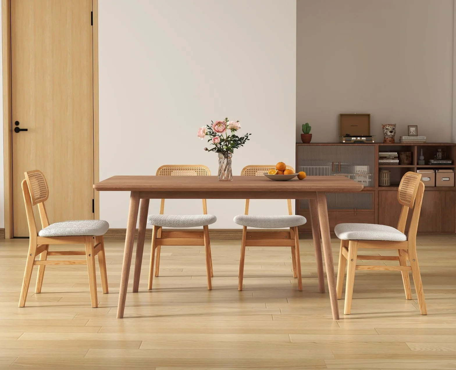 chairus Juego 2 de Sillas de Comedor Madera Maciza Sillas de Cocina con Respaldo Ratán, Sillas Rústica Tapizado en Lana Sintética para Restaurante/Cafetería, Beige