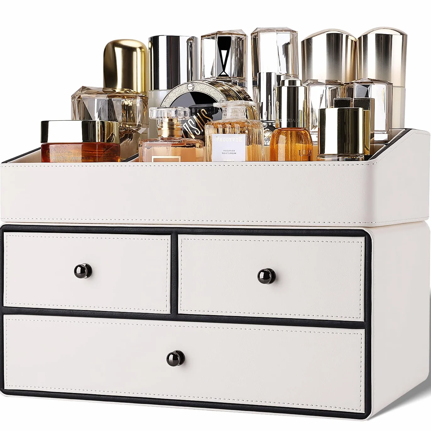 GORESE Organizador de Maquillaje, 2 Pisos 3 Cajones Organizador de Cosméticos de Piel Almacenaje Maquillaje Organizadores de Escritorio para Dormitorio, baño, tocador(Blanco)