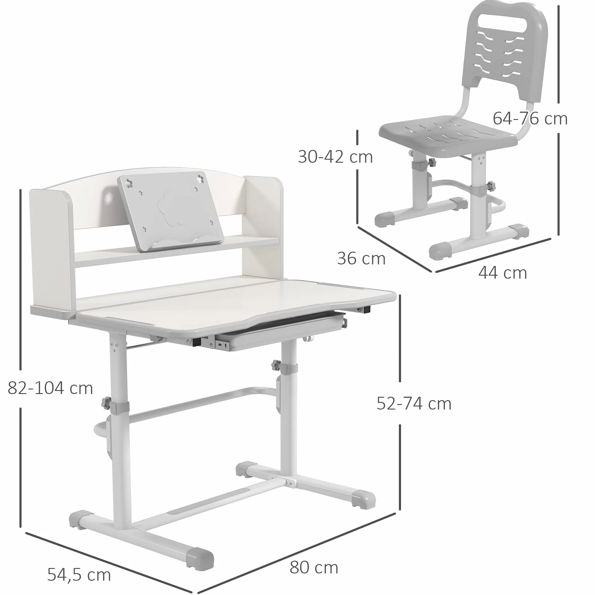 ZONEKIZ Juego de Escritorio y Silla para Niños 6-12 Años Pupitre Infantil Altura Ajustable con Cajón y Estante 80x54,5x82-104 cm Gris Blanco