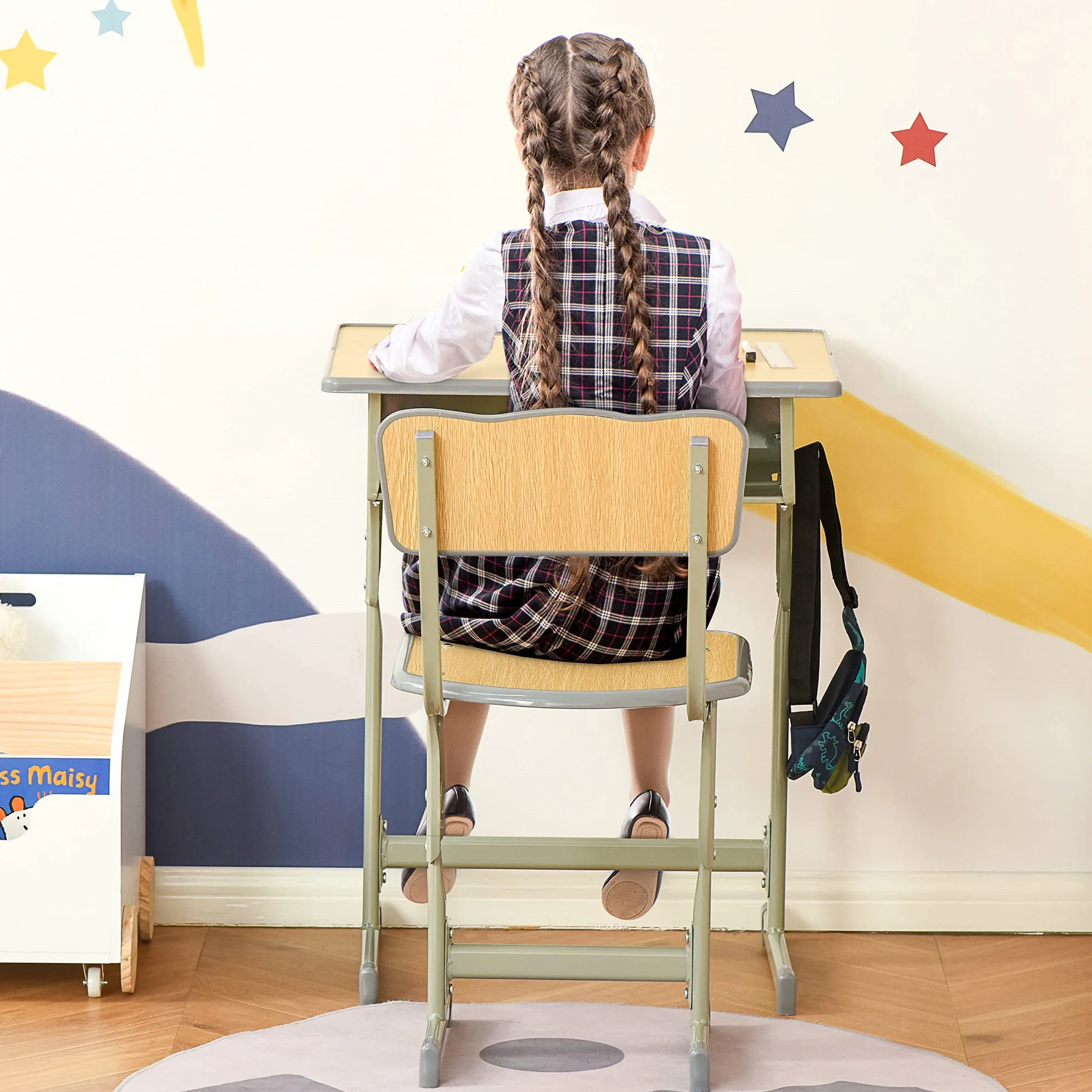 HOMCOM Juego de Escritorio y Silla para Niños +6 Años Altura Regulable con Gancho y Cajón Madera Natural