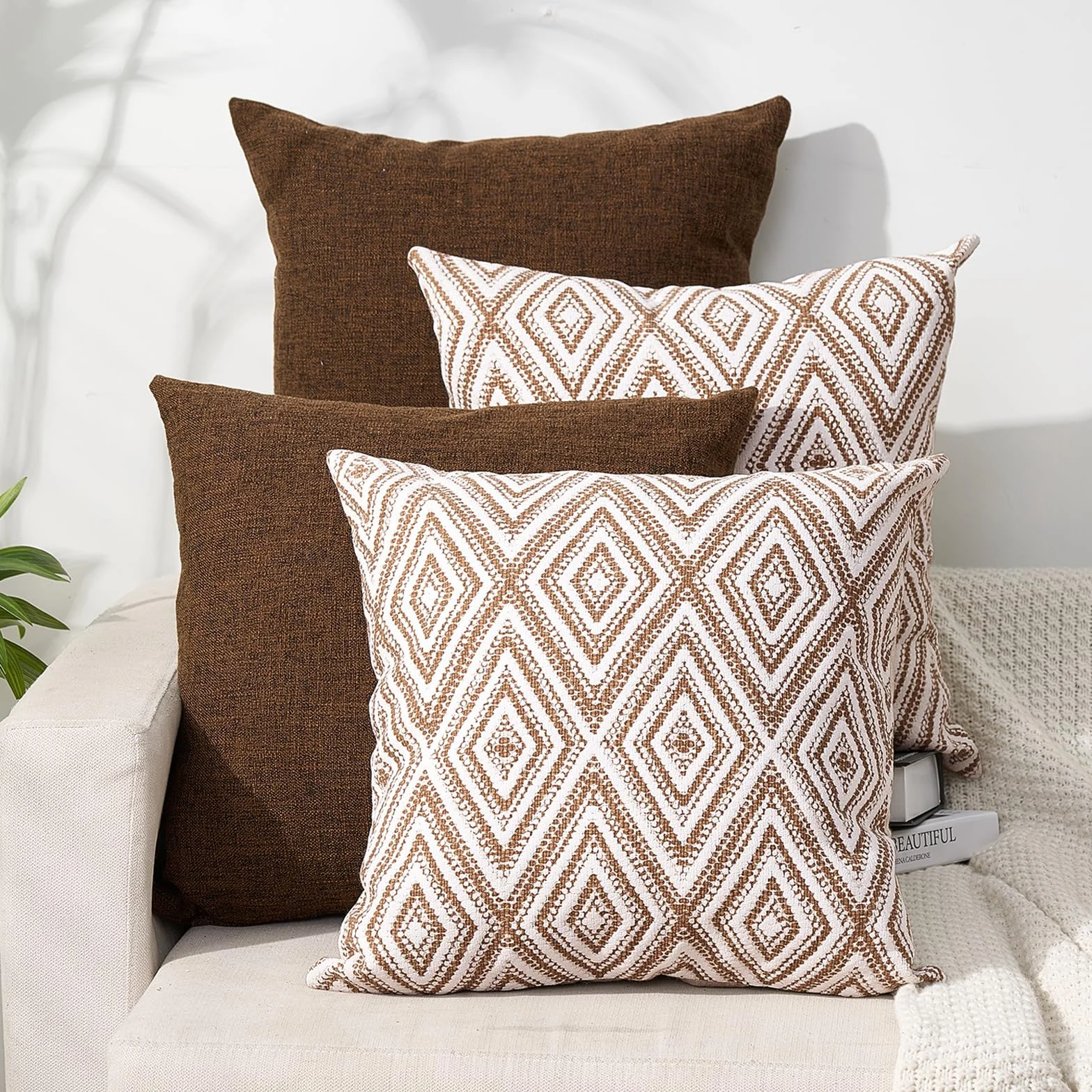 HPUK Juego de 4 fundas de cojín decorativas de lino de 18 x 18 pulgadas, fundas de cojín decorativas para sofá, cama, dormitorio, sala de estar, color chocolate