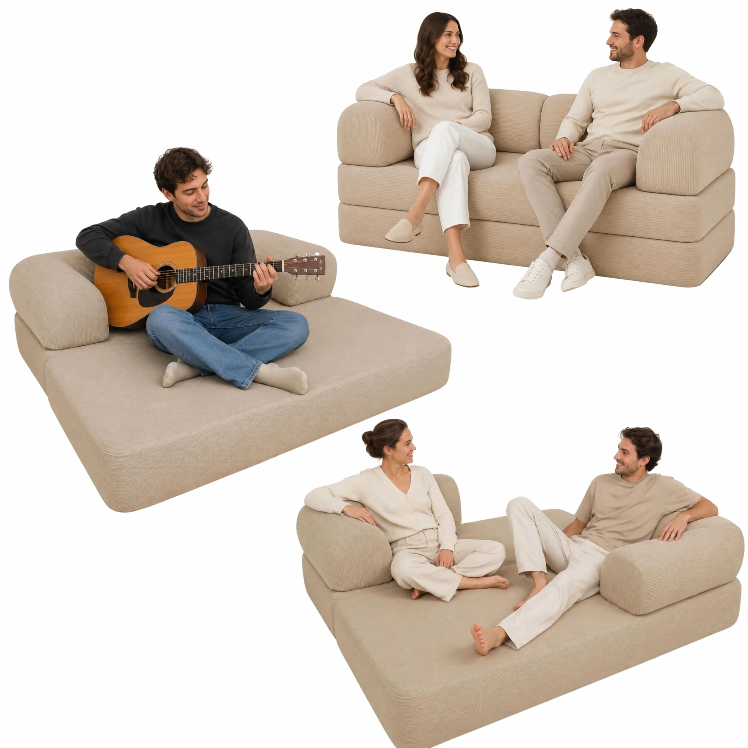 bananair - Sofá Cama de 2 Plazas Fabricado en Francia - Sofá Modular de Espuma de Alta Densidad y Tejido de Pana - Diseño Innovador Boneless, Enviado Comprimido (Beige)