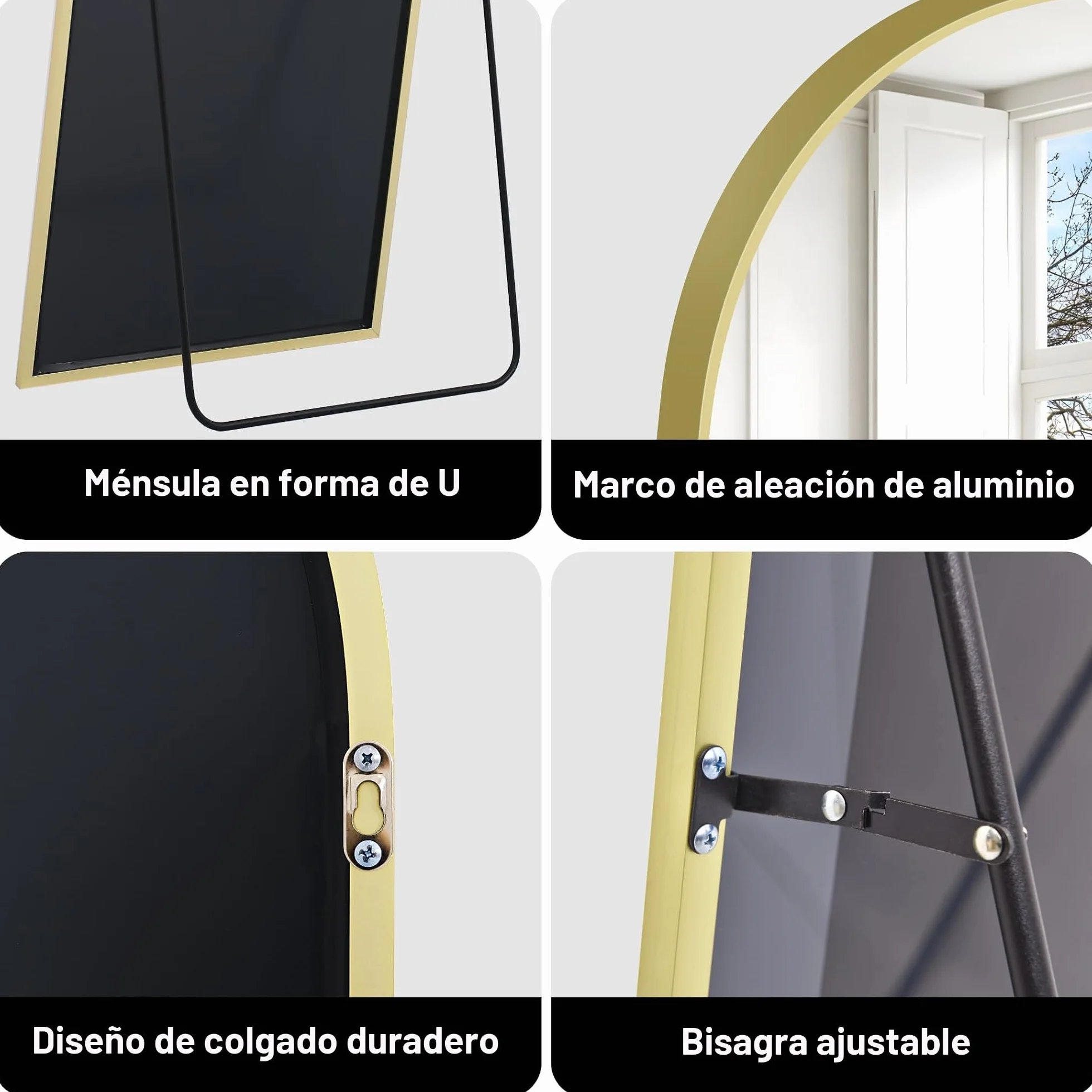 COFENY Espejo de Pie Cuerpo Entero Curvado, Espejos Grandes de Pared con Marco de Aluminio 161 x 52 cm, Espejo de Pie Inclinado o Colgante para Salón, Dormitorio, Entrada, Dorado