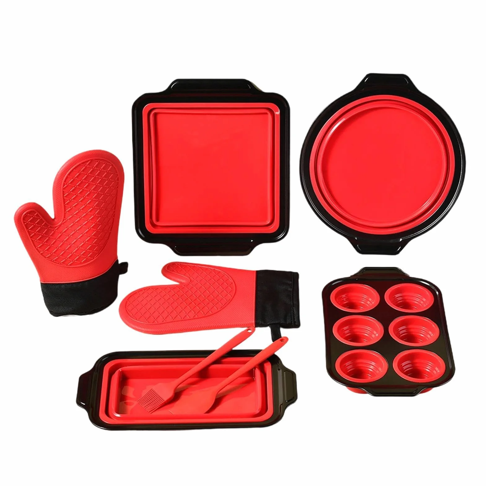Molde de Silicona para Hornear Apilable y Flexible | con Guante, Rasqueta y Cepillo Set Antiadherente para Hornear Resistente al Lavavajillas, para Magdalenas, Pan, Galletas,