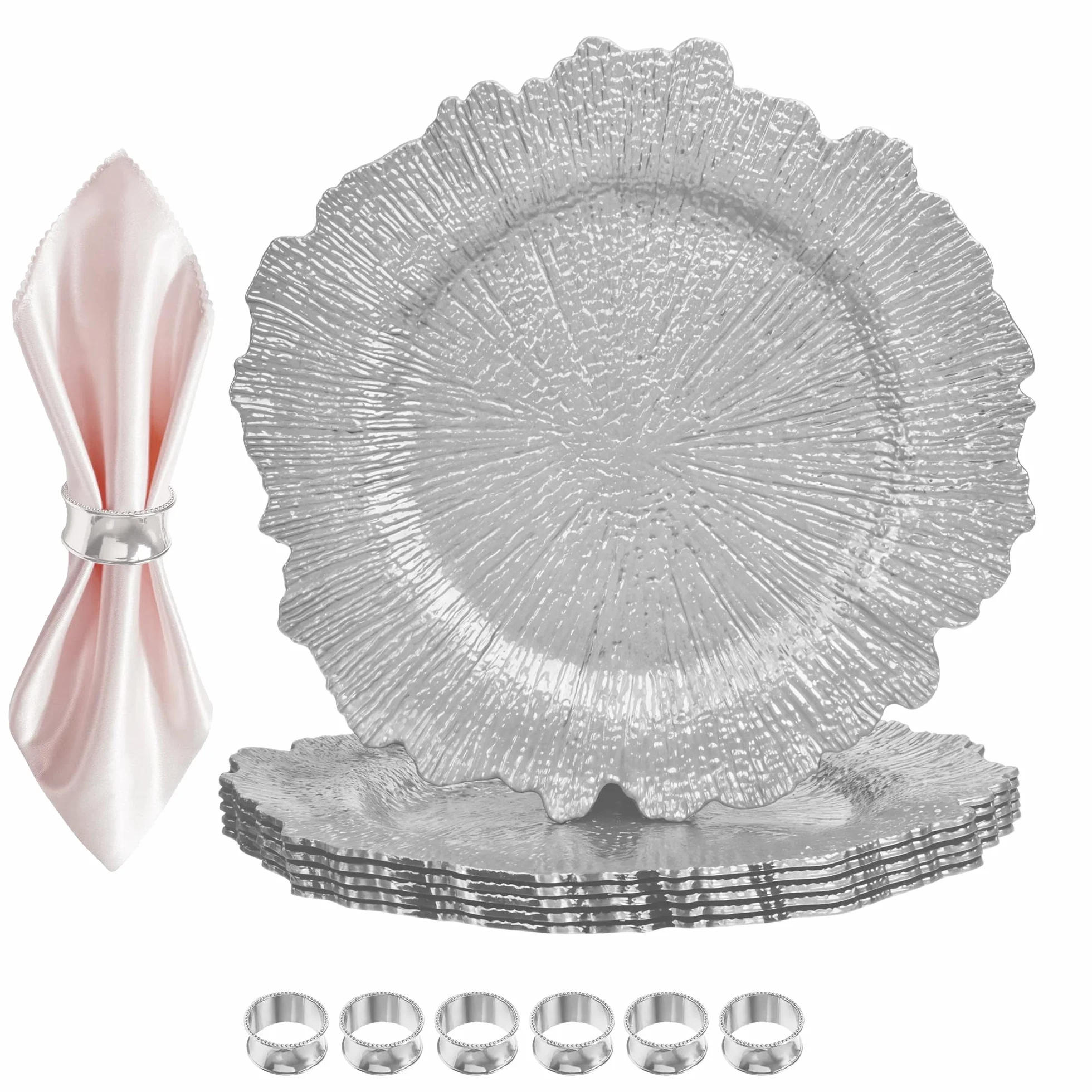 Juego de platos de cristal rosa plateado con diseño vintage y servilleteros martillados, elegantes cargadores de cena de 33 cm para bodas, cenas, cumpleaños, fiestas y eventos especiales, 6 piezas