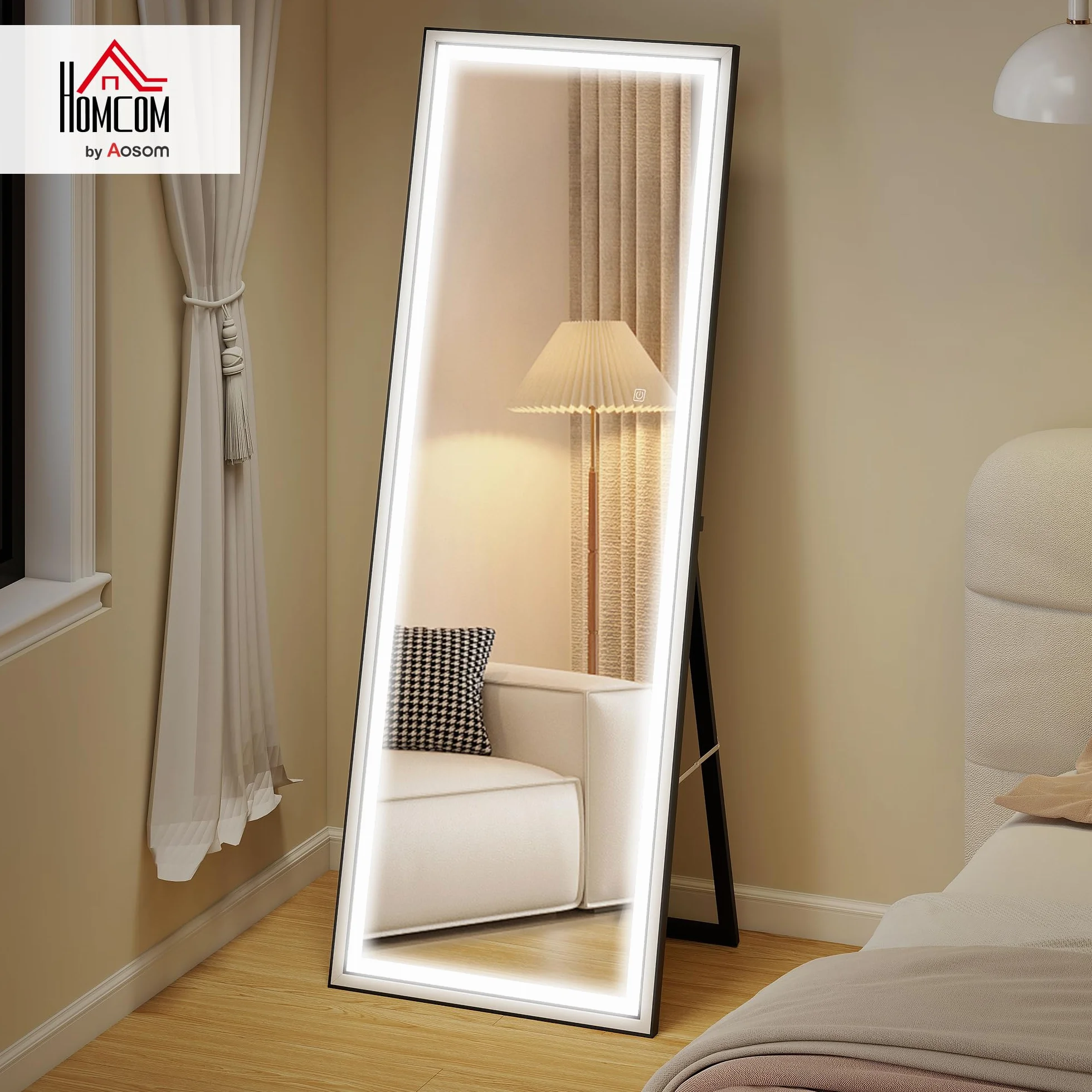 HOMCOM Espejo de Pie Cuerpo Entero con Luces, 165x60 cm, Espejo de Cuerpo Entero, 3 Temperaturas de Color, Brillo Ajustable, Independiente, Apoyado y de Pared, para Dormitorio, Salón, Blanco y Negro