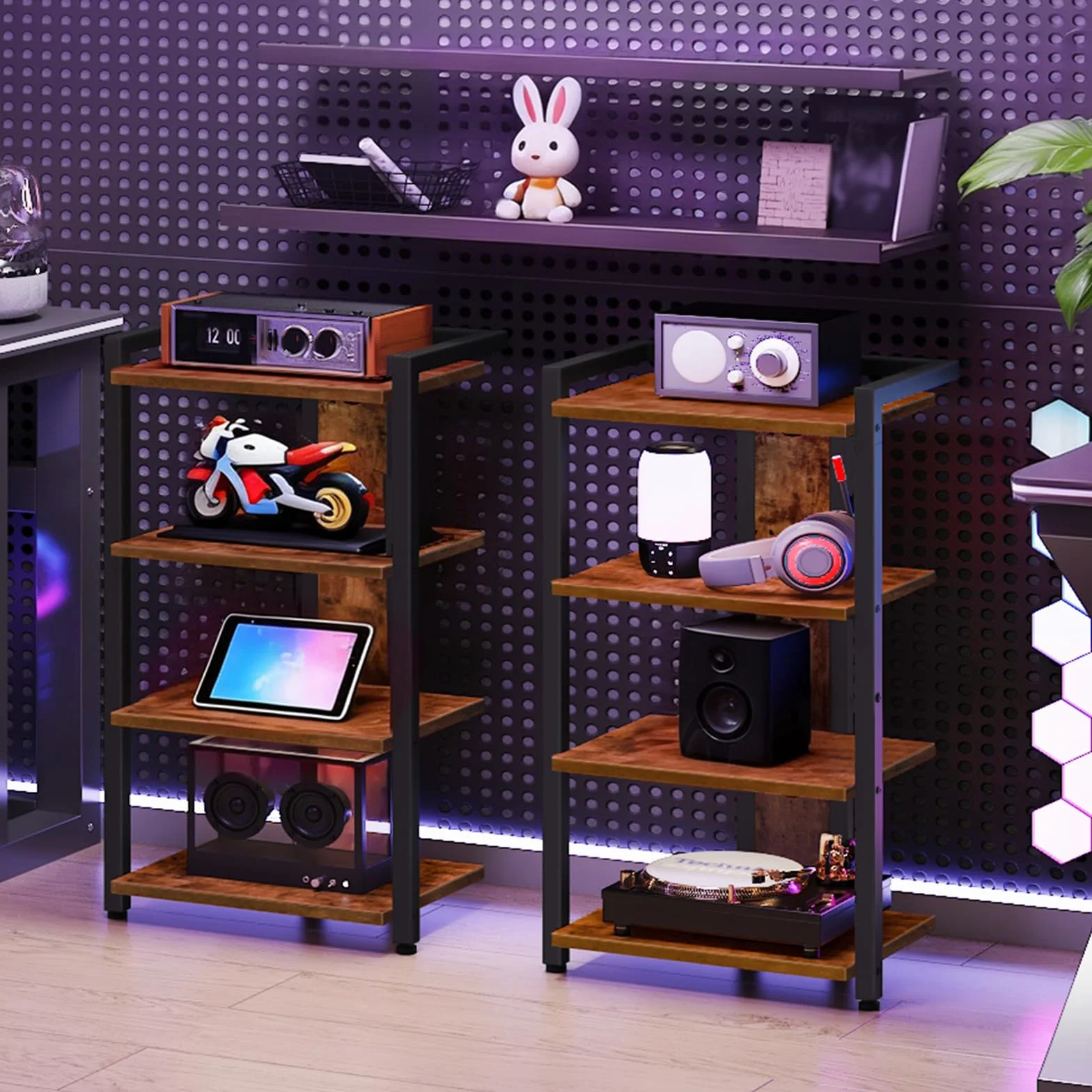 HOOBRO Mueble Tocadiscos, Mueble HiFi con 4 Estante, Soporte de Multimedia con Orificios para Cables, Soporte para Discos, Hi-Fi, Videoconsola, Proyector, Router WiFi, Marrón Rústico y Negro EBF38CJ01