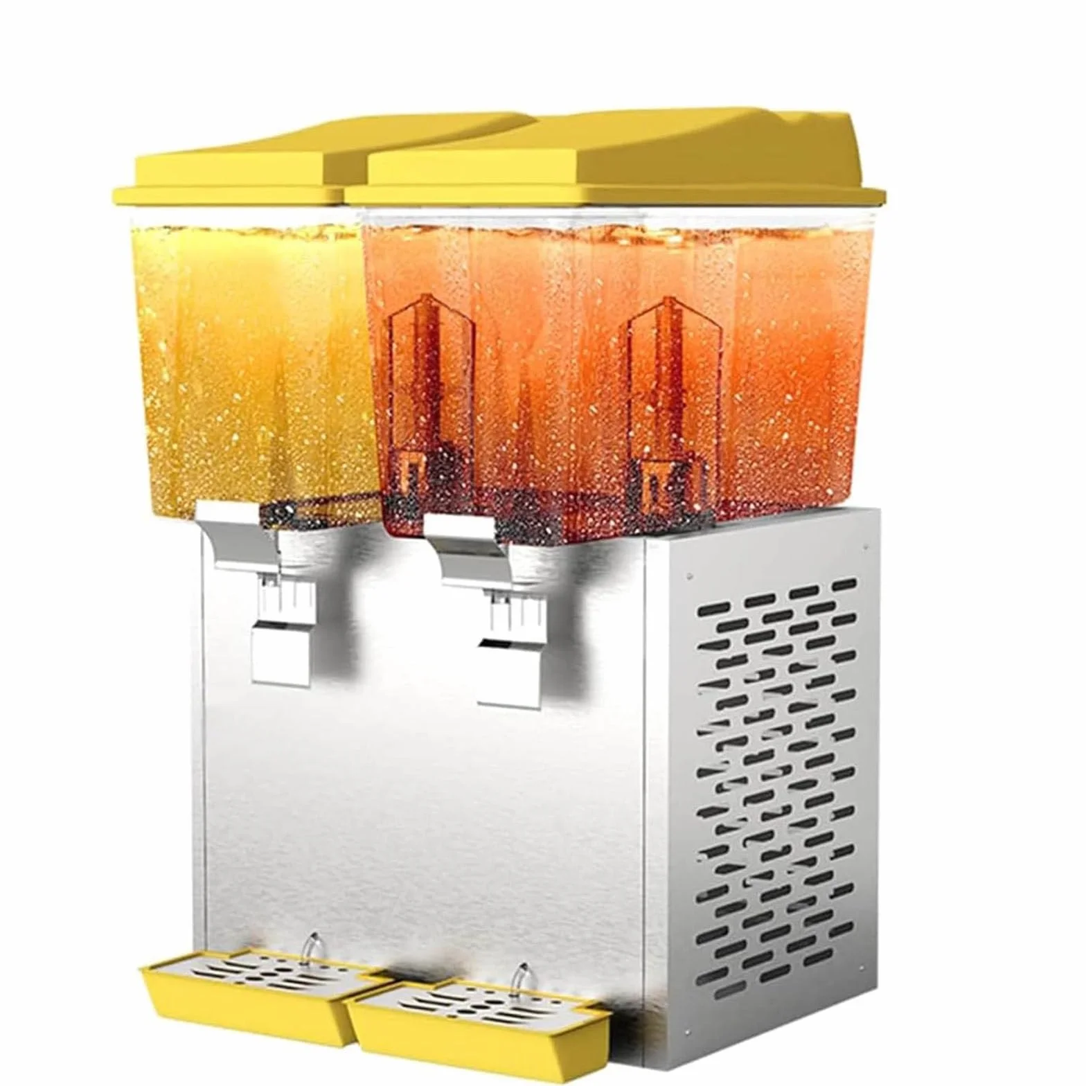 Dispensador de bebidas de acero inoxidable y vidrio transparente con tres espigas, ideal para bufés de desayuno, bares y hoteles