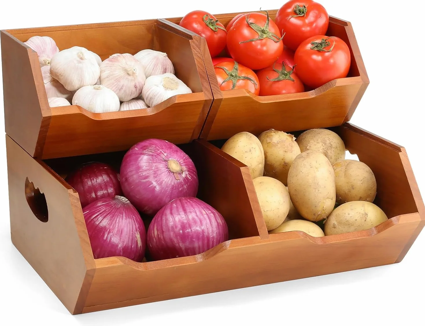 Aquzee Caja para Guardar Patatas de 2 Capas, Apilable Cesta para Patatas y Cebollas de Madera Juego de 3 Piezas, Desmontable Almacenaje Cocina Adecuado para Ajo, Cebolla, Verduras, Frutas y Pan