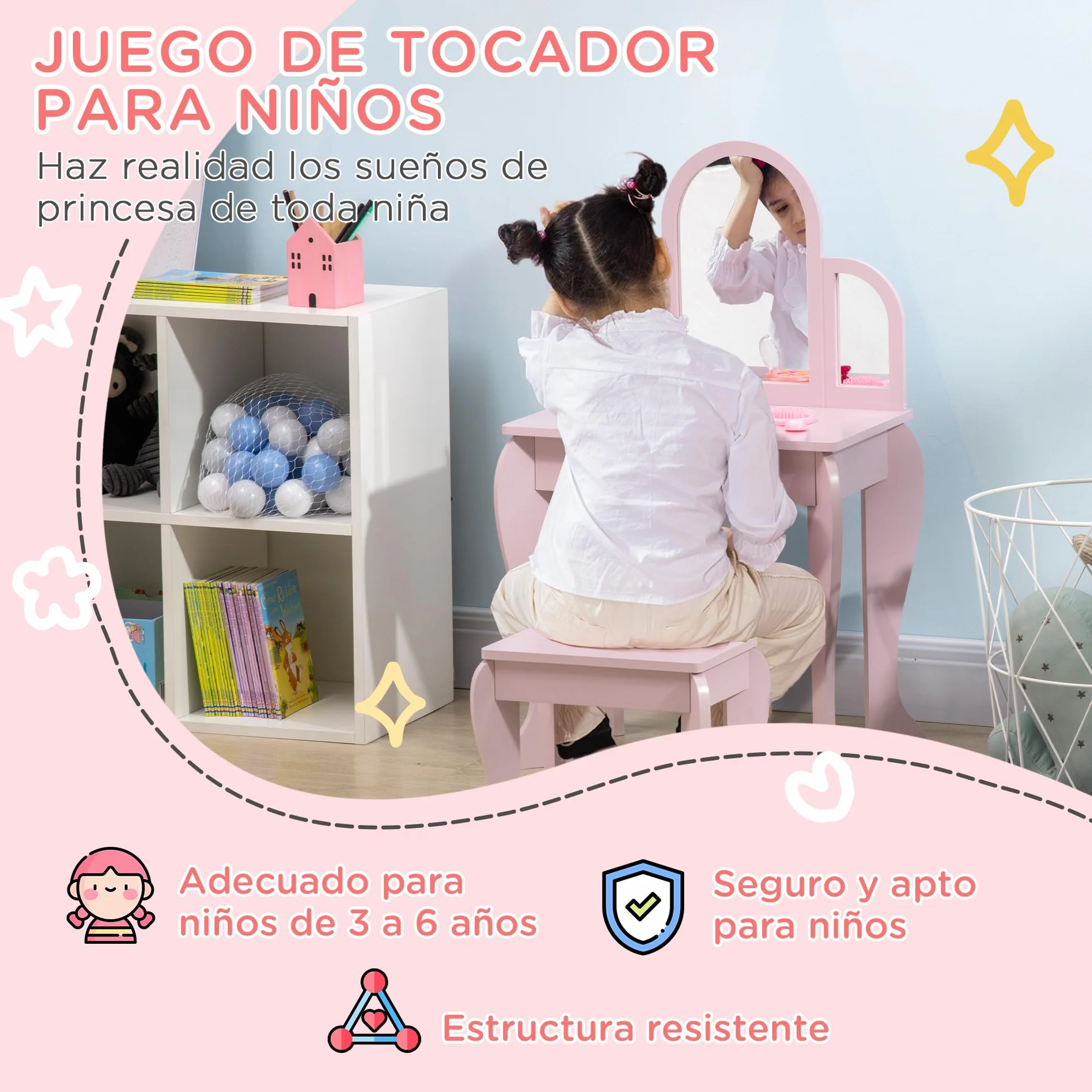 HOMCOM Tocador Infantil con Espejo y Taburete de Maquillaje Madera Rosa para Niñas 3-6 Años
