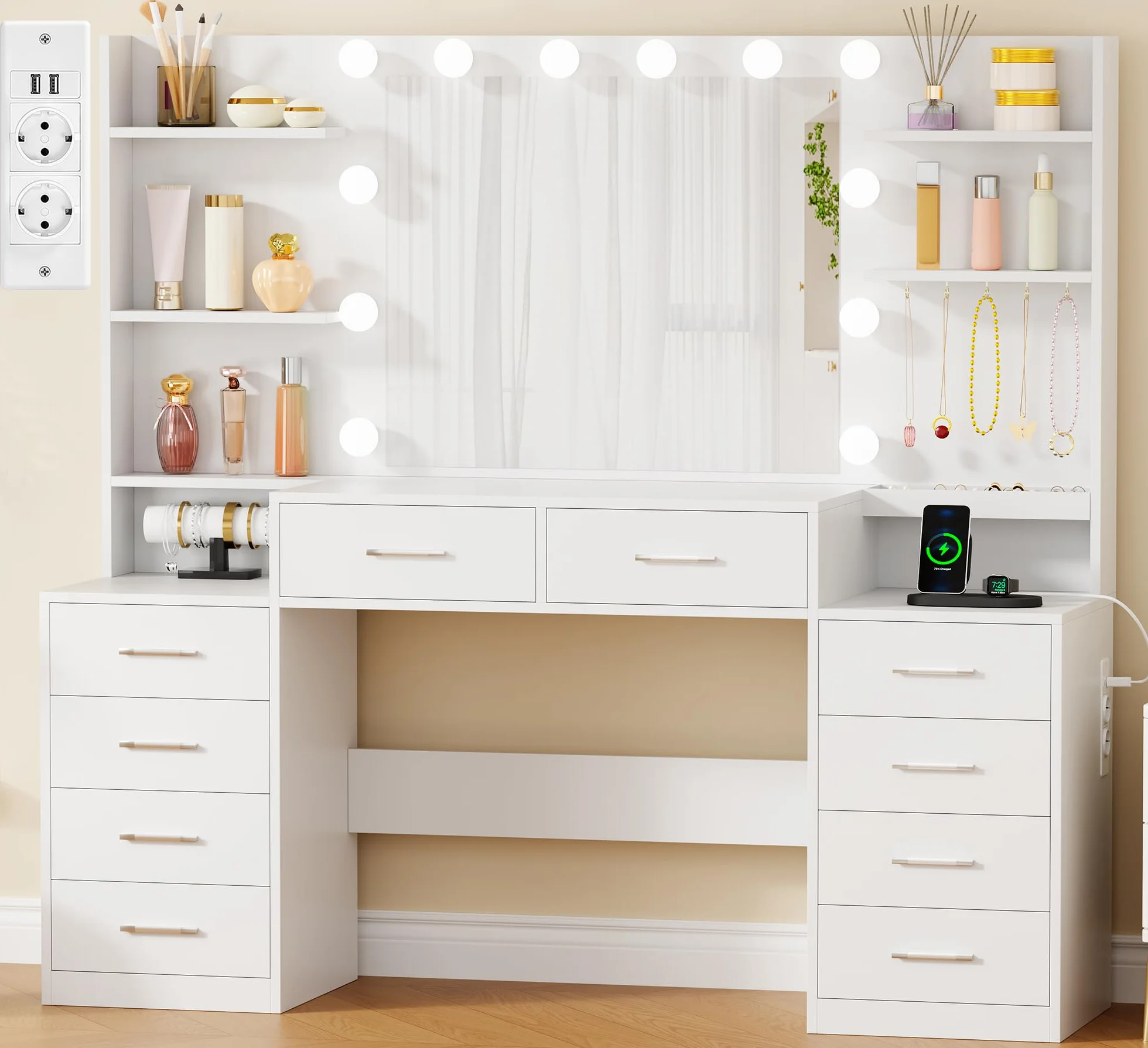 BEWISHOME Tocador de Maquillaje con Luz LED y Enchufes,Brillo Ajustable,Tocador con Espejo Joyero,Tocador con 10 Cajones,5 Estantes Abiertos,5 Ganchos,Tocadors Moderno Blanco EFST52M