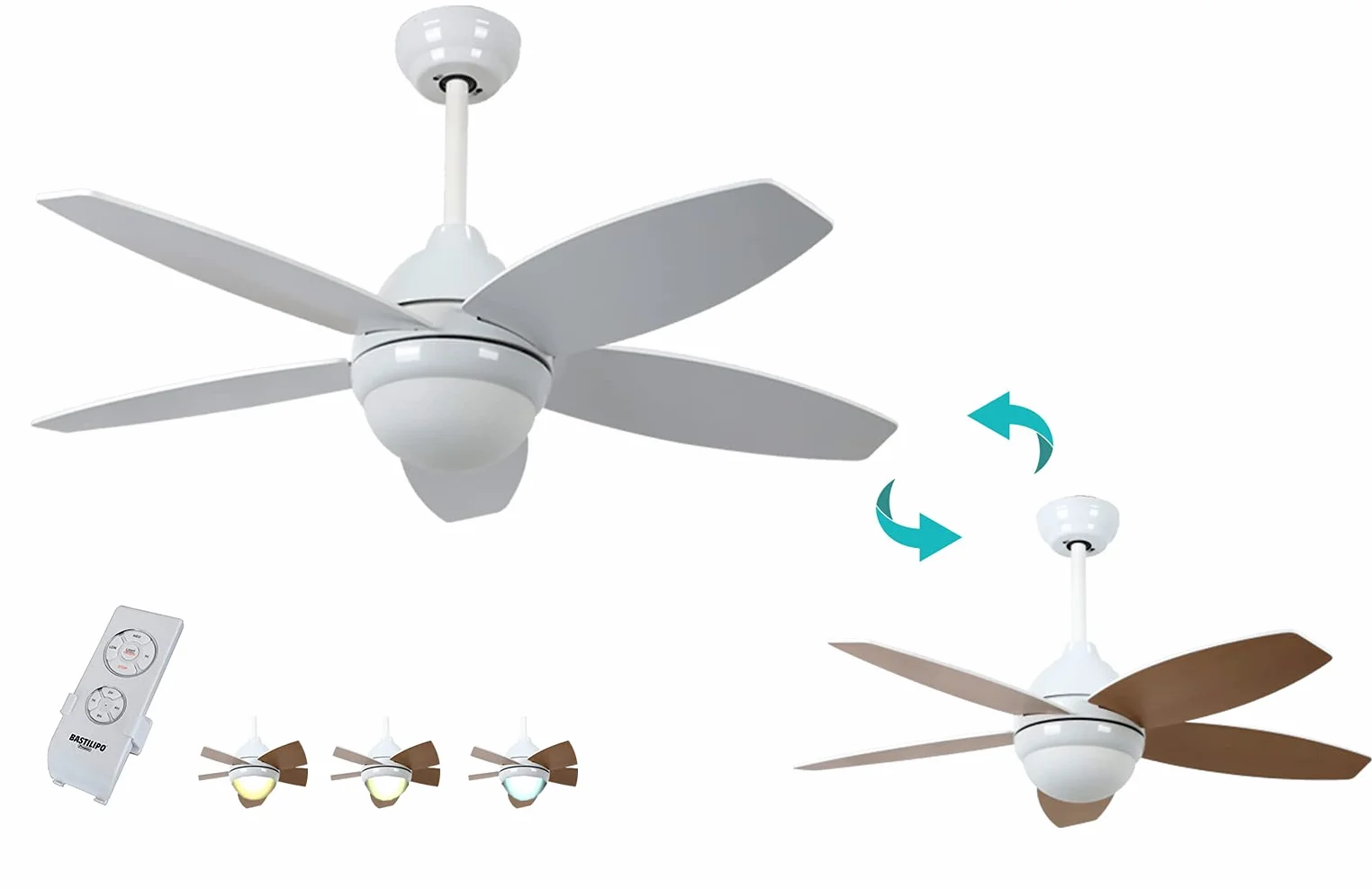 Bastilipo - Bali Blanco LED - Ventilador de techo LED con mando a distancia y palas reversibles.