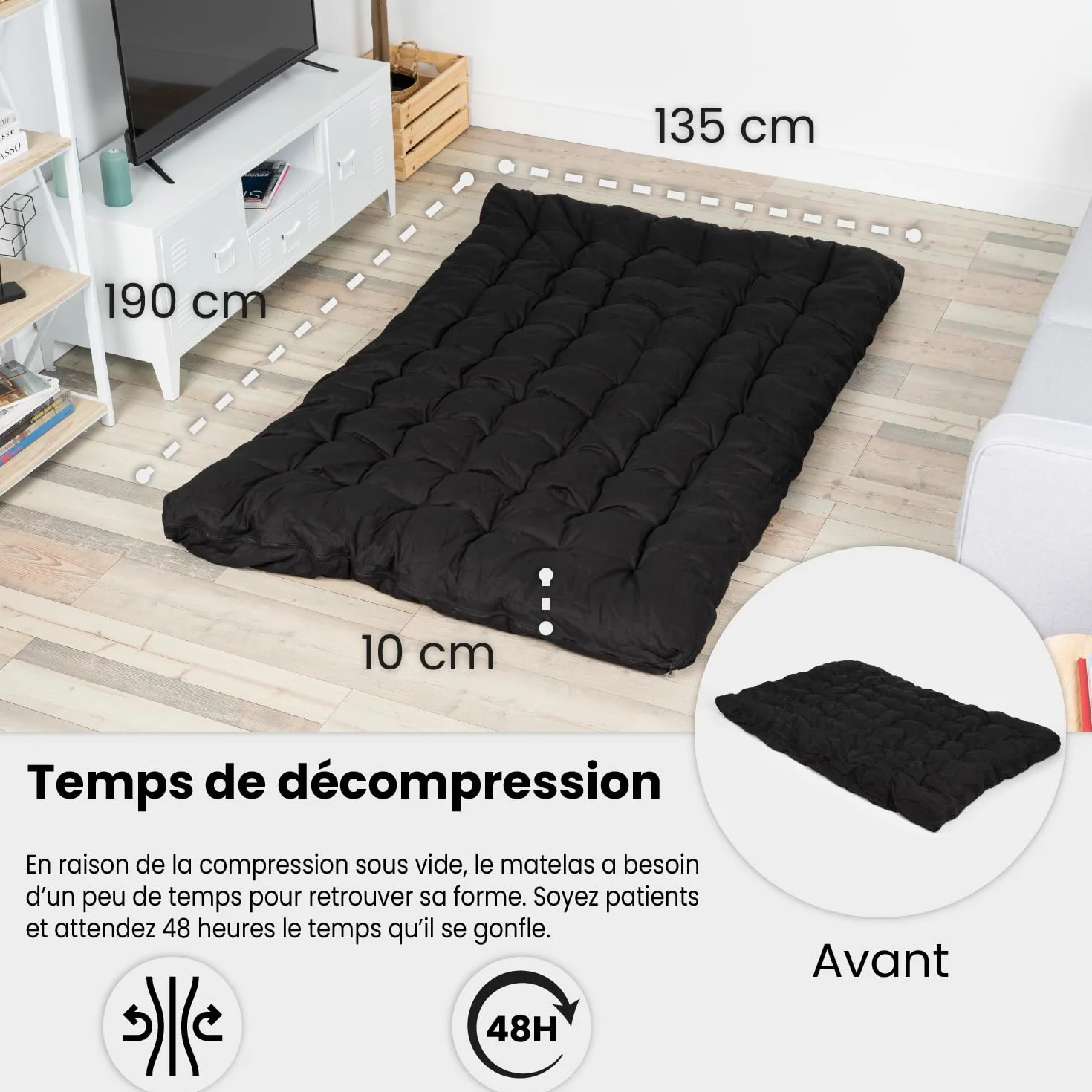 MEUBLE Cosy Futón Portátil Plegable de 2 Plazas, Colchón 135 x 190 x 10 cm, Negro