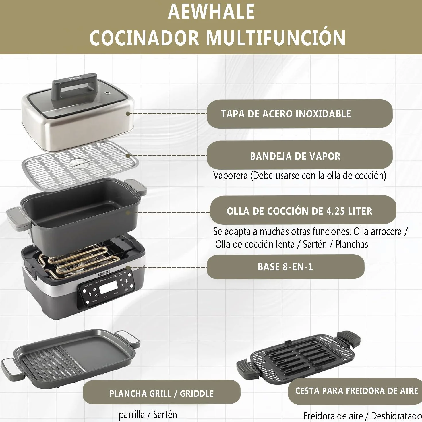 Olla Multifunción 8 en 1 4.25 L AEWHALE Cocción Lenta Vaporera Arrocera Sartén Mantener Calor Gris