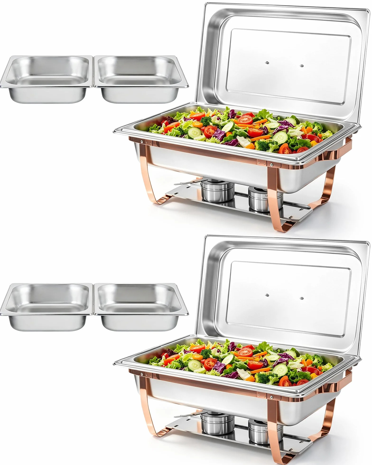 2PCS Fuentes Calientes para Buffet, 9L Bandeja para Buffet, Rectángulo con Tapa Enrollable - 2 Bandejas Grandes + 4 Pequeñas, Calientaplatos para Fiestas, Cumpleaños, Navidad, Eventos de Iglesia