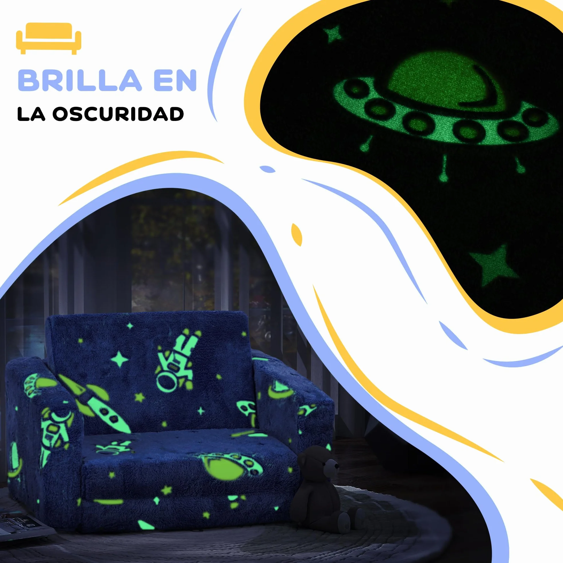AIYAPLAY Sillón Infantil Plegable Sofá Infantil Reclinable 2 en 1 Sofá para Bebés Tapizado de Tela Luminosa Cojín y Funda Lavables para Dormitorio Salón Azul