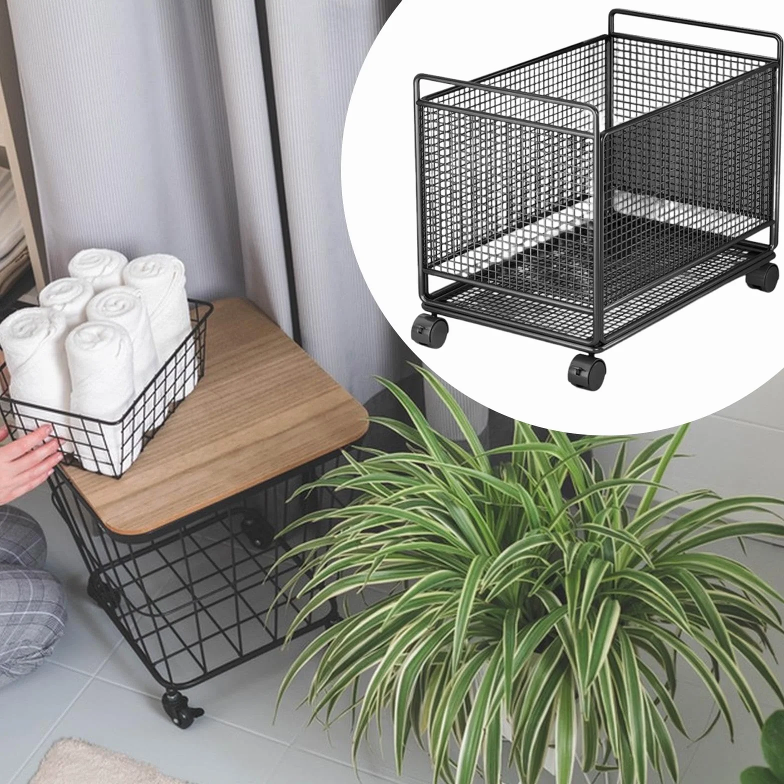rockible Cesta de Lavandería con Ruedas de Alambre de Metal, Práctica Cesta de Almacenamiento para Ropa Sucia, Ideal para La Entrada del Hogar Y El Dormitorio, Negro, L