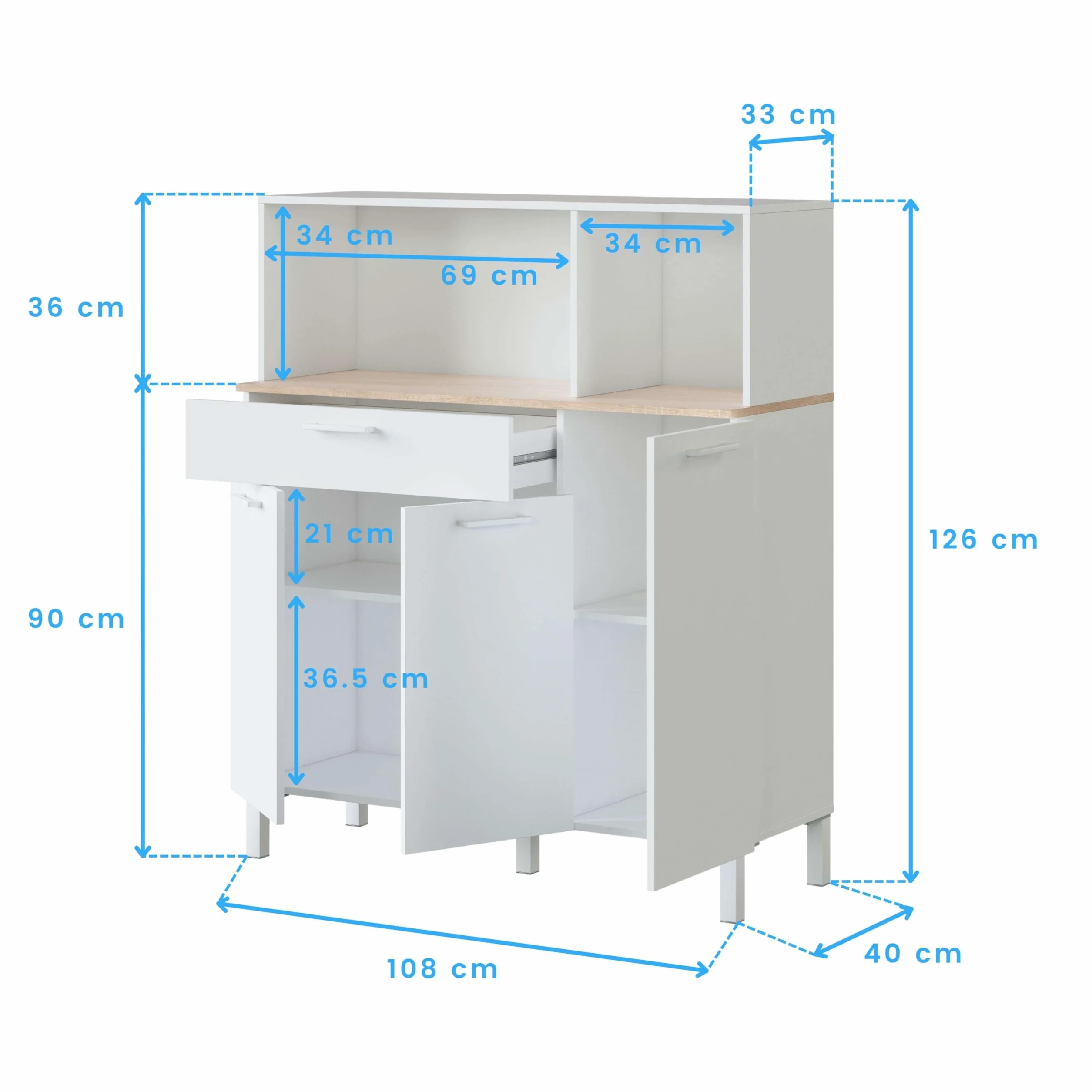 Habitdesign Alacena de Cocina, Aparador Comedor, Mueble Auxiliar 3 Puertas + 1 Cajon y Estante Interior, Color Blanco Artik y Roble Canadian, Medidas: 108 (Ancho) x 126 (Alto) x 40 (Fondo) En cm
