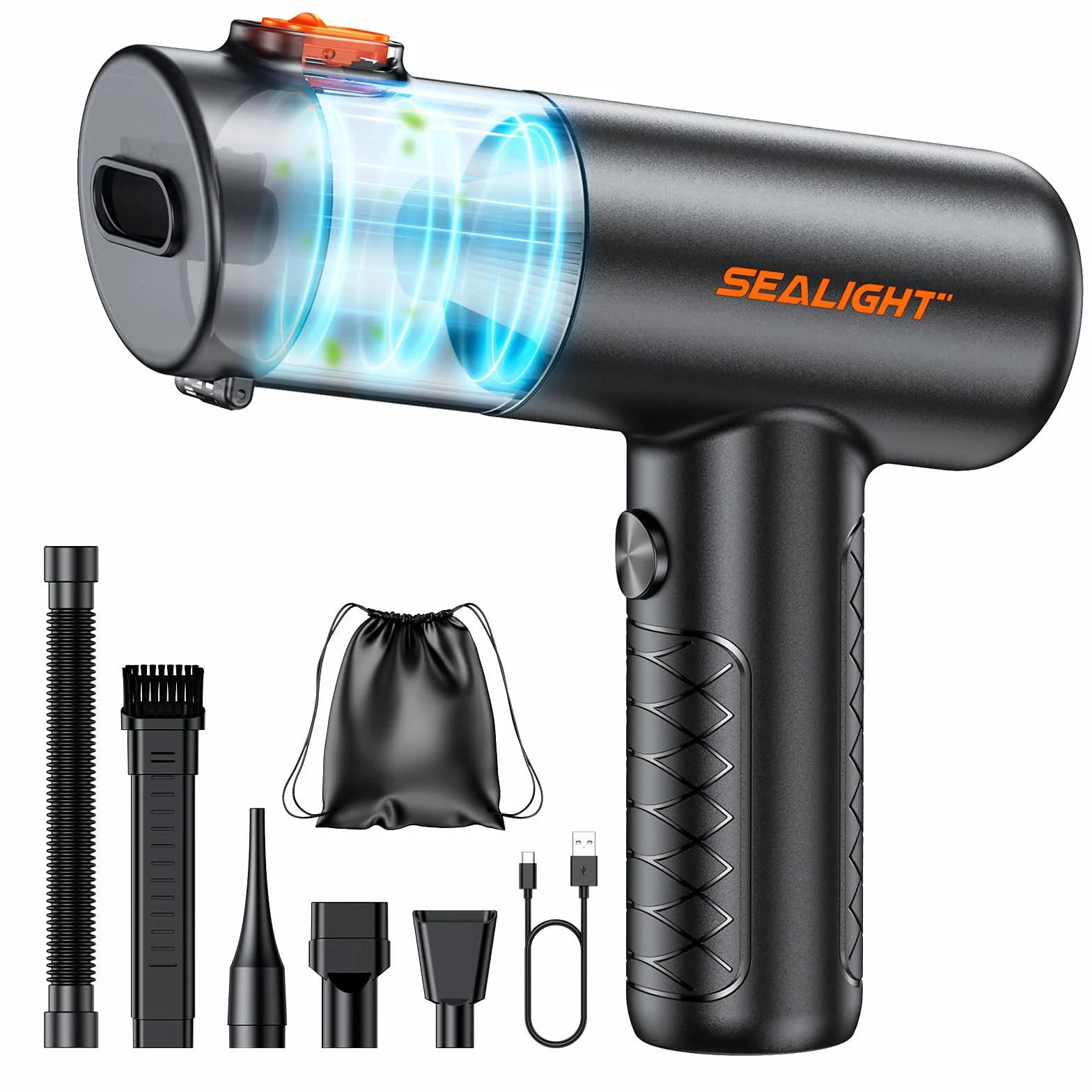 SEALIGHT Aspirador de Mano, 32000PA Aspiradora de Coche, 4 en 1 Aspirador Coche con Motor Sin Escobillas, Aciado Automático de un Toque, Mini Aspiradora Sin Cable para Pelo de Mascotas, Coche, Hogar
