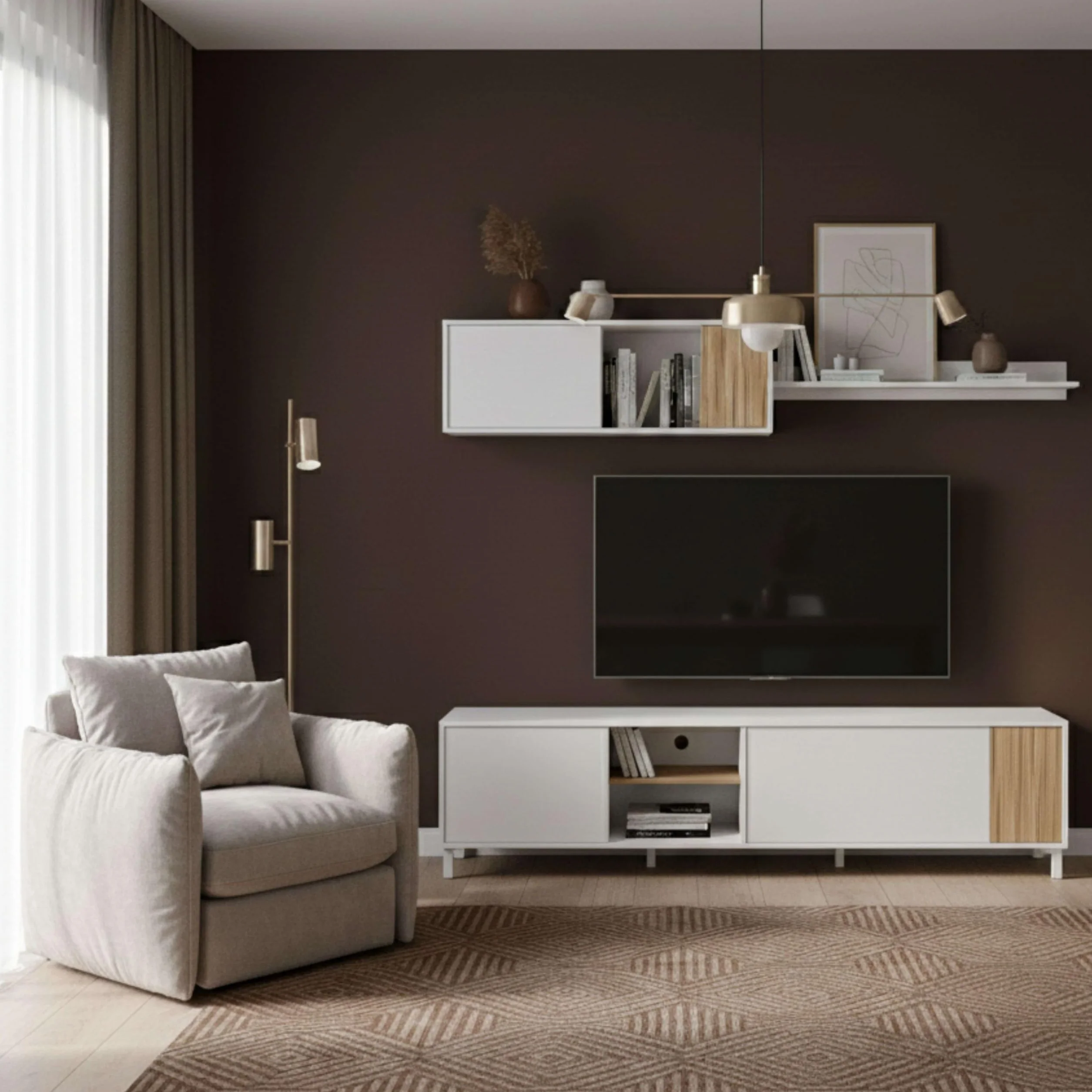 Habitdesign Muebles De Salón Ethna Blanco Artik Y Natur Estilo Moderno para Comedor 200x40Cm