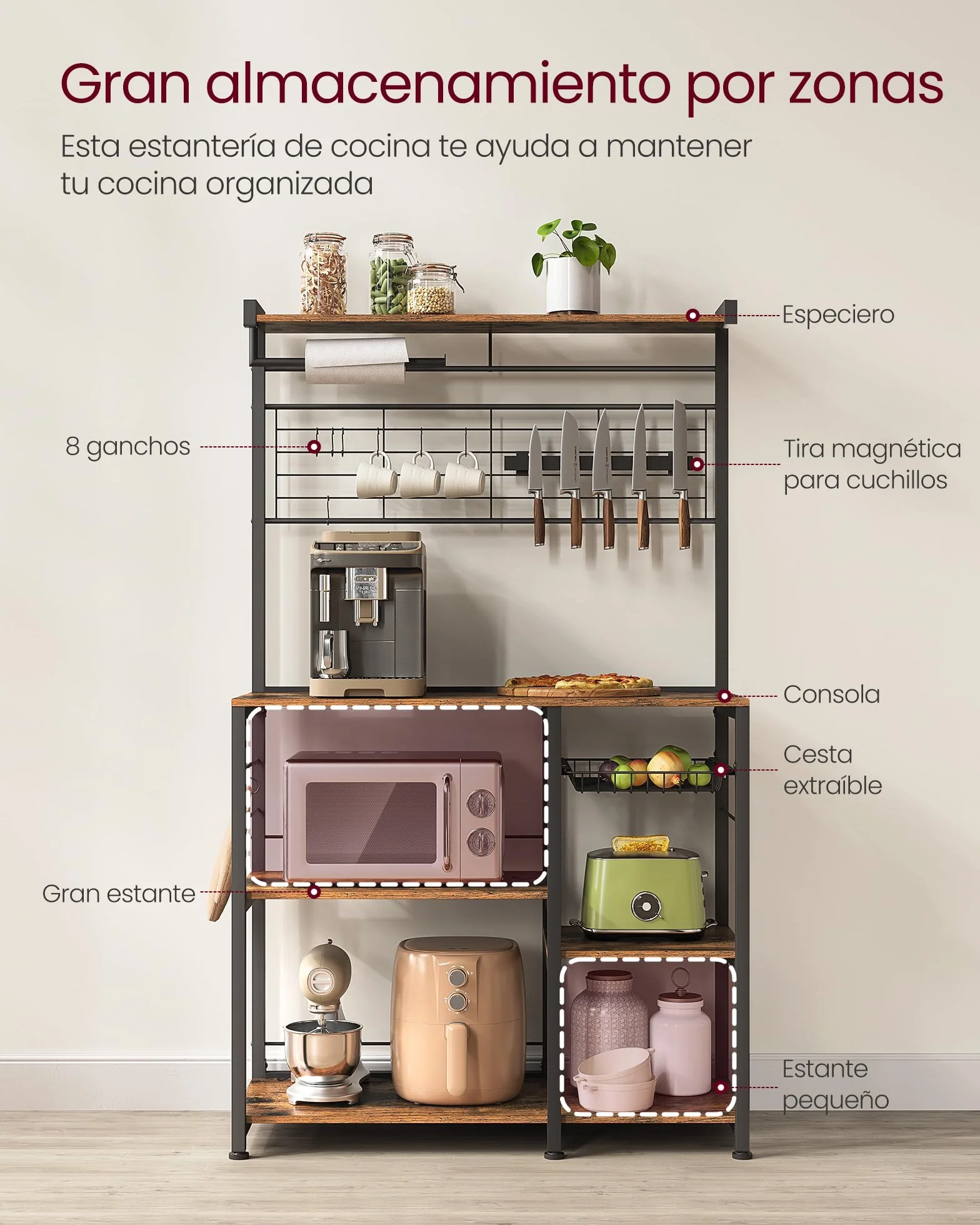 VASAGLE Estantería de Cocina, Soporte para Panadería, Isla de Cocina con Tira Magnética de Cuchillo, Cesta de Alambre, Soporte de Papel, 12 Ganchos, Marrón Rústico y Negro KKS026B01