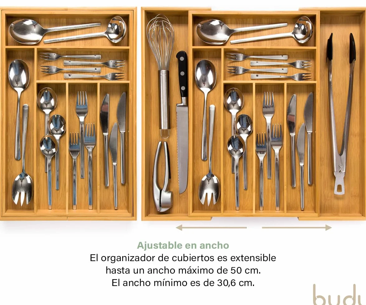 Bandeja para Cubiertos Extensible de Bambú 47 cm, Organizador de Cubiertos Ajustable para Cajón