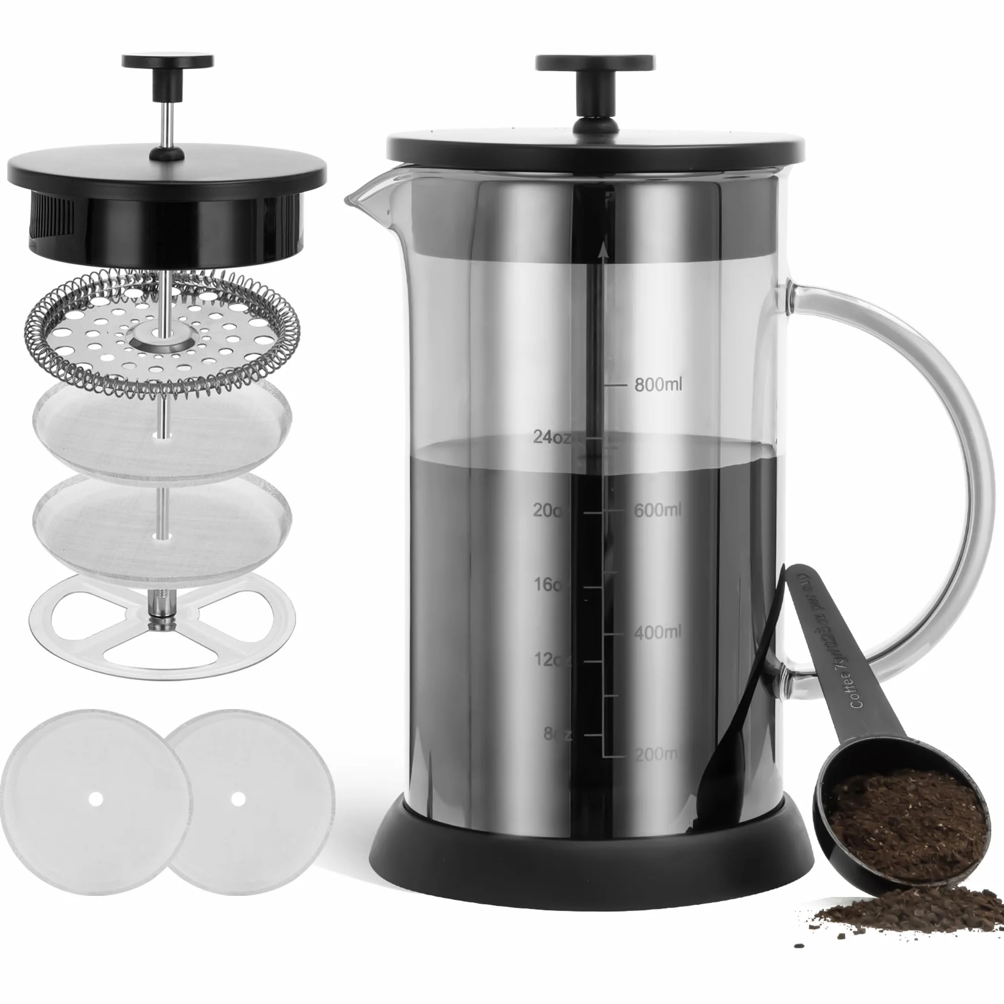 YMMIND Cafetera de prensa francesa de 34 onzas, cafetera espresso de 5 tazas, cafetera de borosilicato grueso resistente al calor gris con 4 pantallas de filtro de acero inoxidable