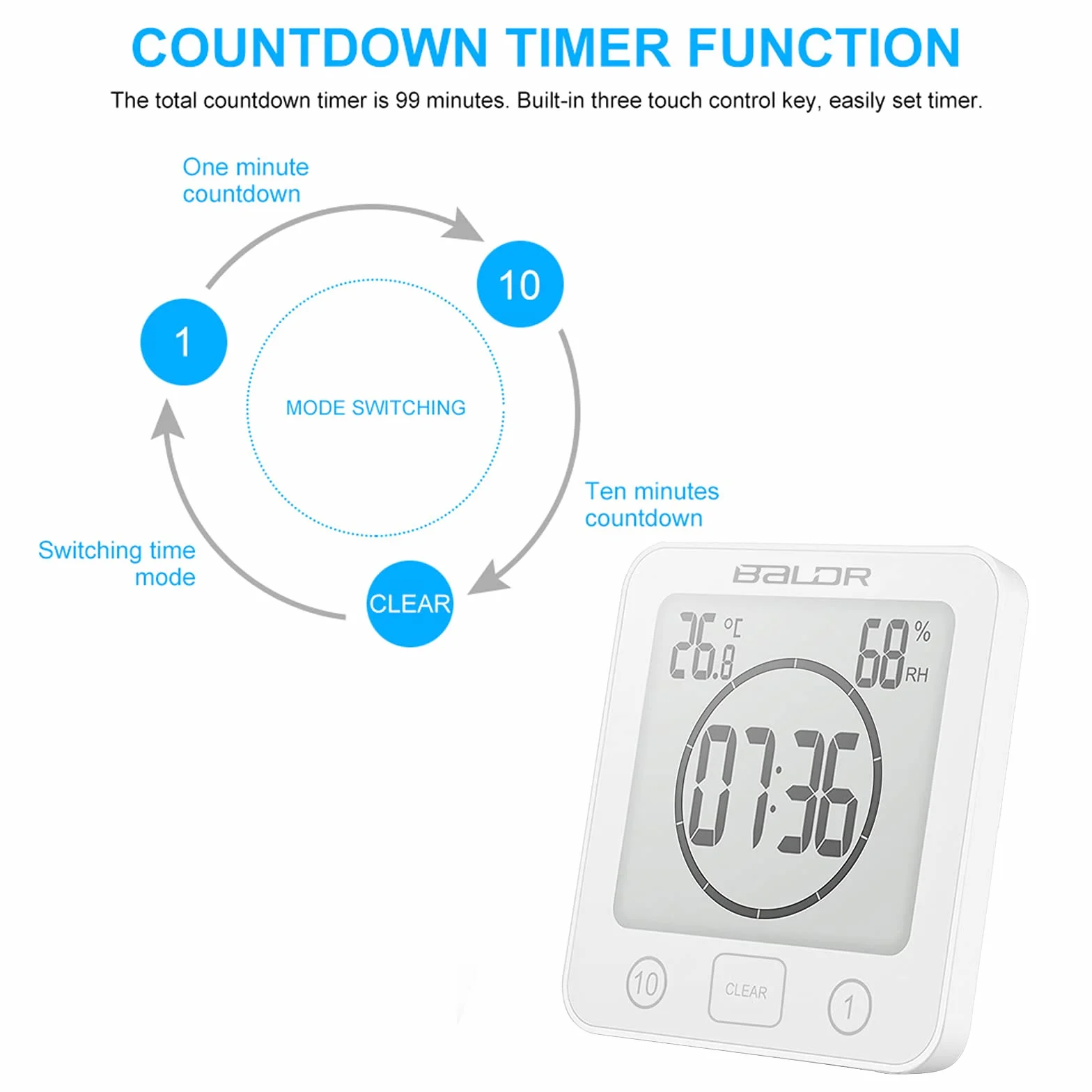 Reloj de pared digital para ducha con alarma pantalla temperatura humedad cuenta regresiva LCD grande