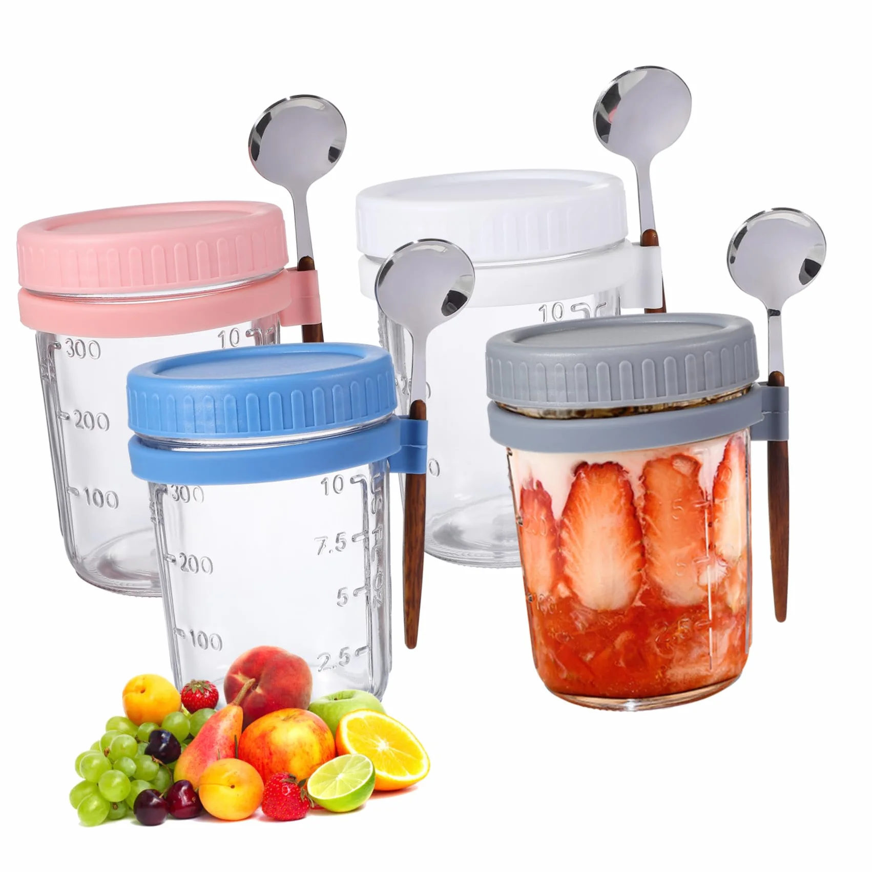 IMIKEYA Frascos de Vidrio Herméticos 400ml con Tapa y Cuchara, 4 Unidades | Boca Grande, Silicona Incluida, Cocina y Dormitorio, Prevención de Impurezas, Cierre a Prueba de Fugas