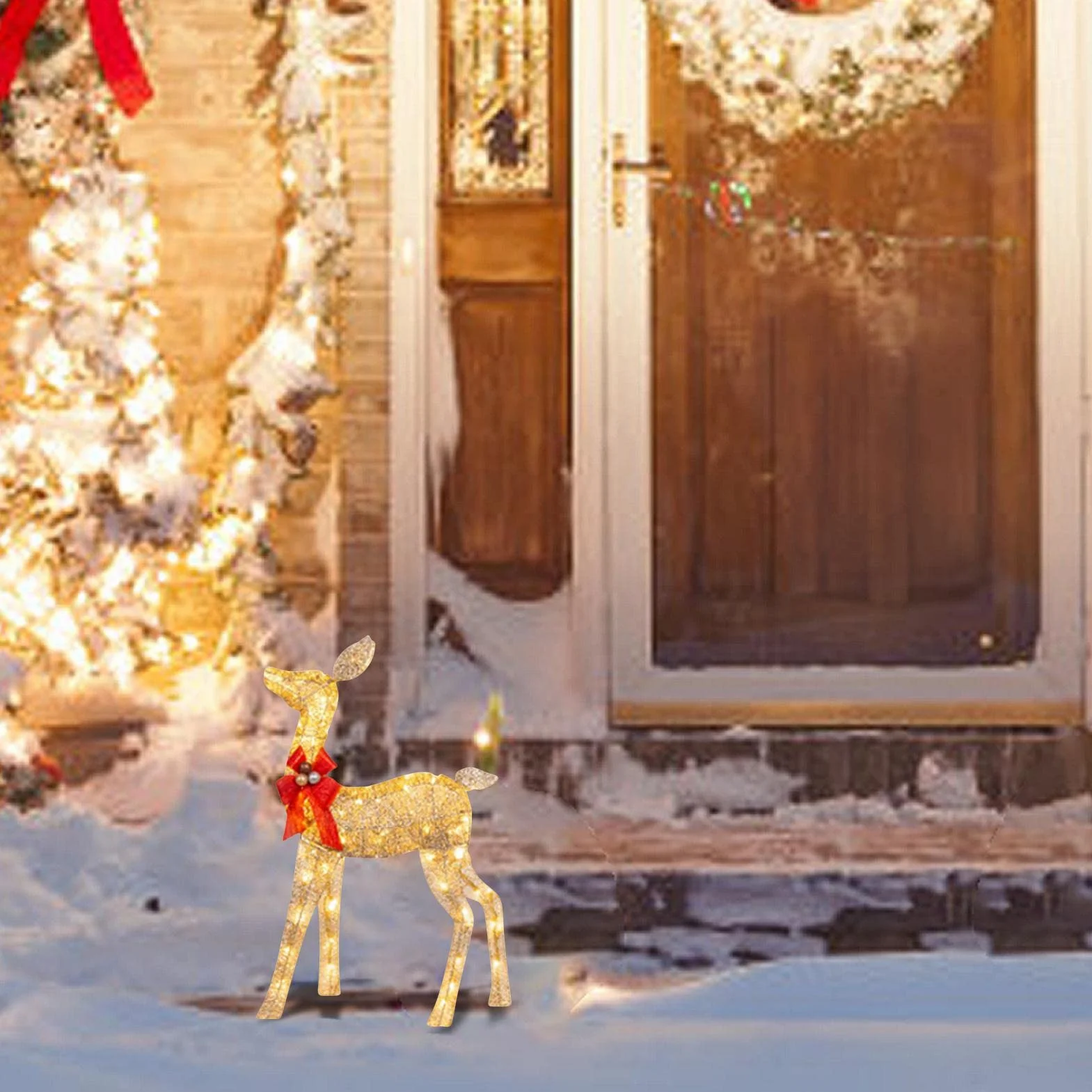 10 Unidades de Ciervos de Navidad iluminados – Decoración para Exteriores de Familia de Renos de Navidad con Luces LED – Luces navideñas de Patio con estaca y Lazo Rojo para jardín | exteriores de familia de de Navidad con luces LED – Luces navideñas de p
