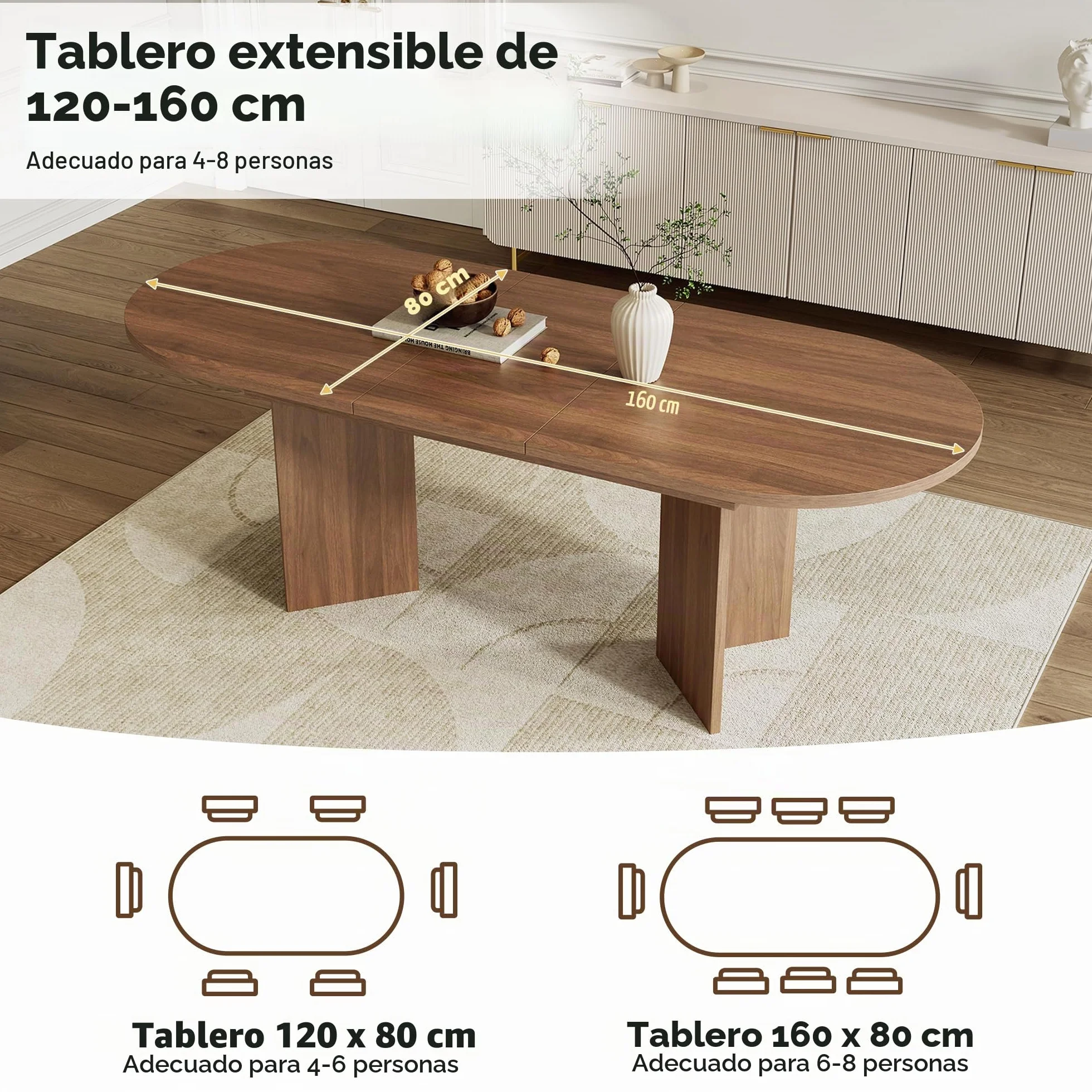 Mesa de comedor extensible 120/160 x 80 cm para 4–6 personas, mesa de comedor rectangular con esquinas redondeadas y tablero de 18 mm, mesa de cocina moderna de estilo sencillo (Nogal, 120/160 x 80 cm