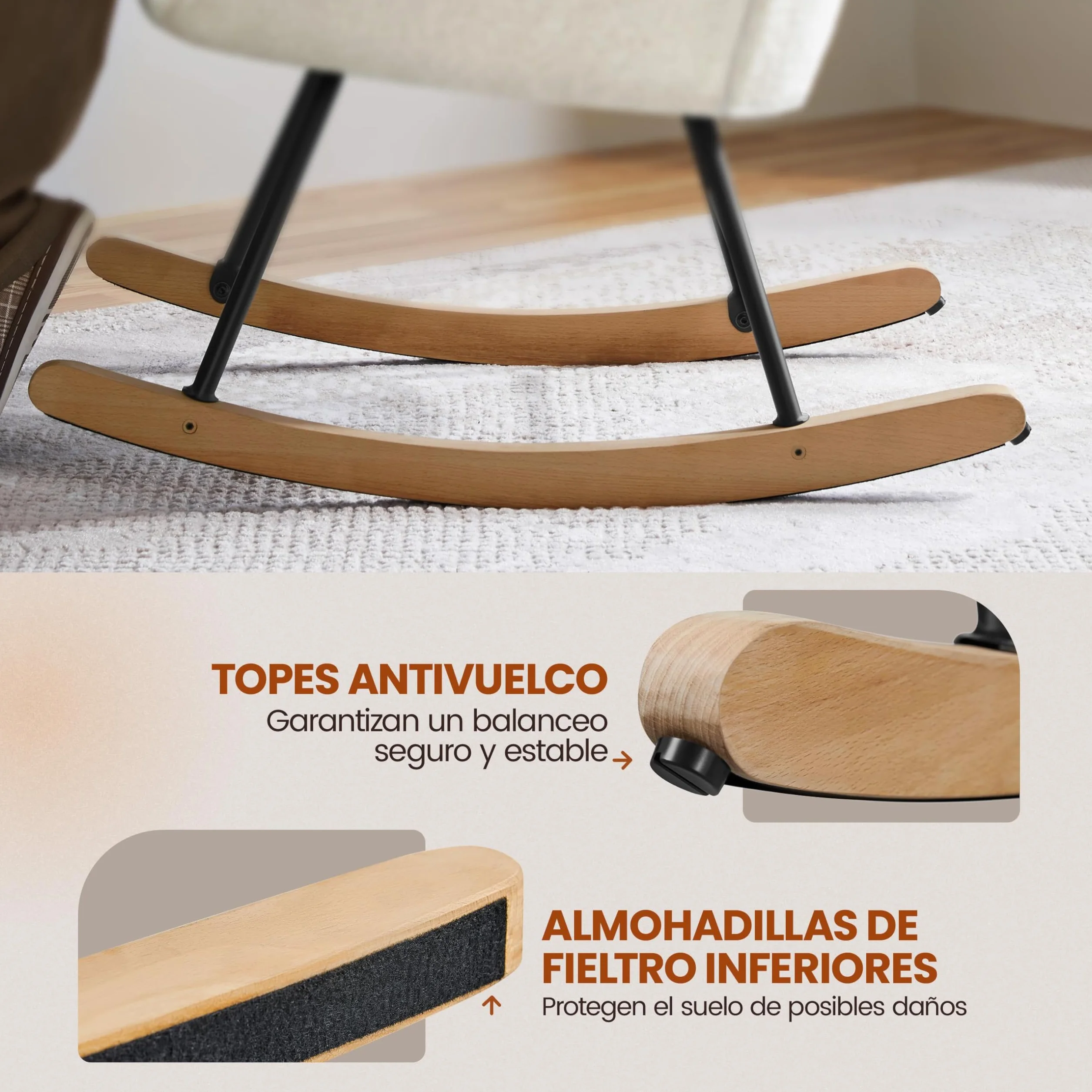 Yaheetech Silla Mecedora Relax Tapizada en Boucle Sillón Balancín con Estructura Metal y Madera de Haya Respaldo Alto Soporta 136 kg Ideal Salón Dormitorio Beige