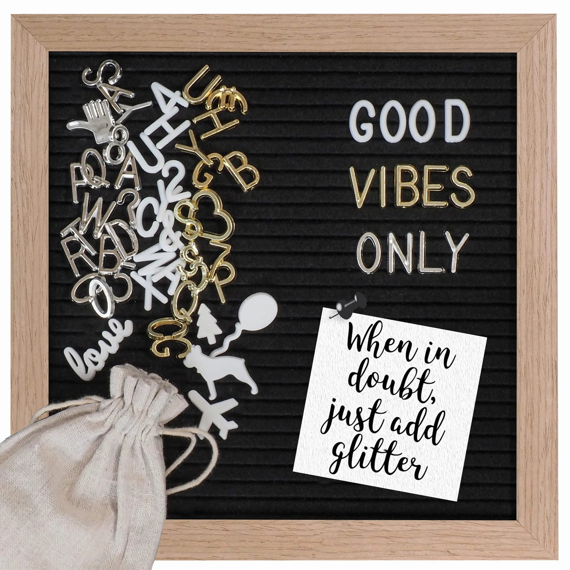 Gadgy ® Retro Fieltro Letter Board | con 340 Brillantes Letras de Oro y Plata | 170 Letras Blancas, 100 Iconos | Soporte y Bolso | 25x25 cm