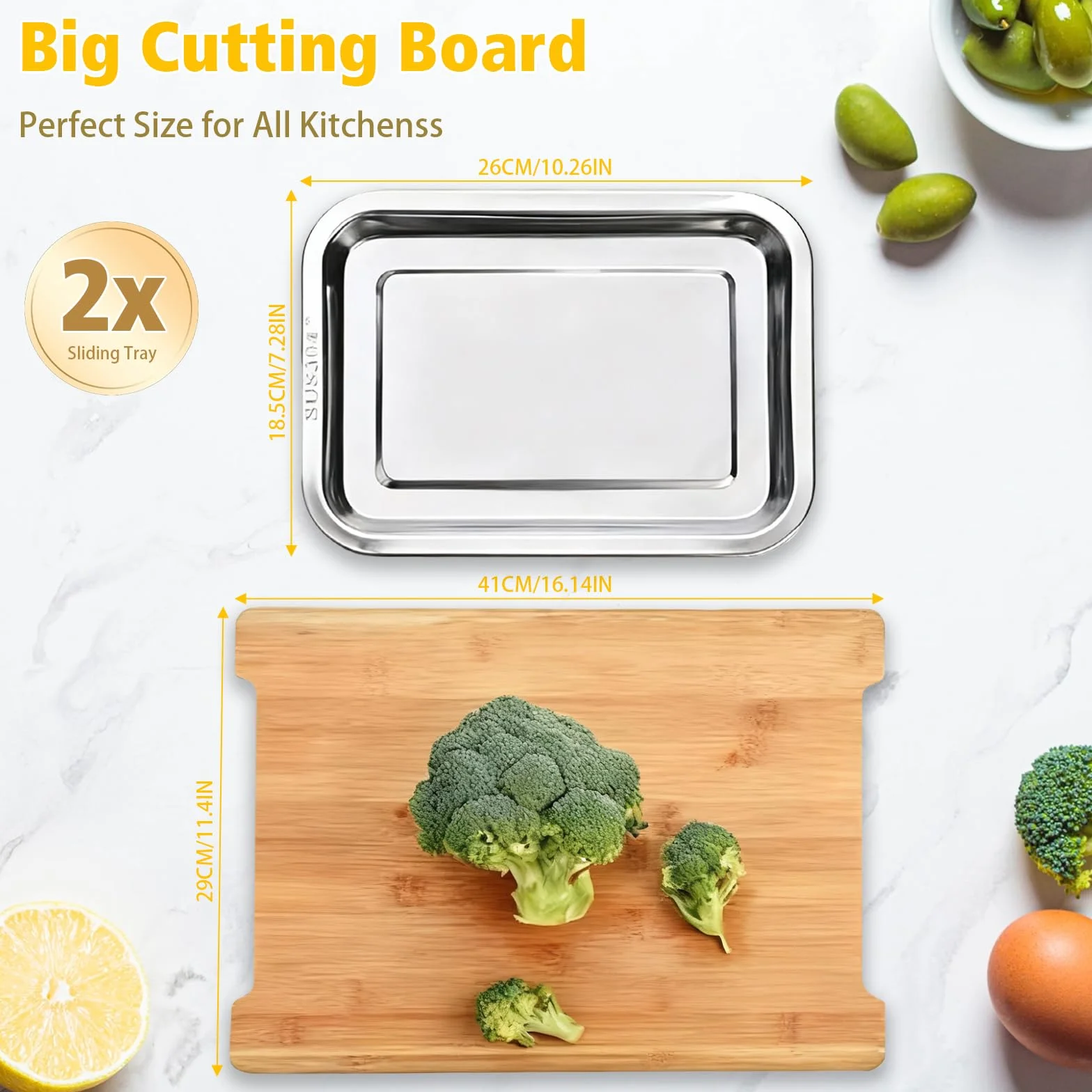 Tabla de cortar de bambú, tabla de cortar de cocina con 2 bandejas deslizantes de acero inoxidable para preparación de alimentos, carne, verduras