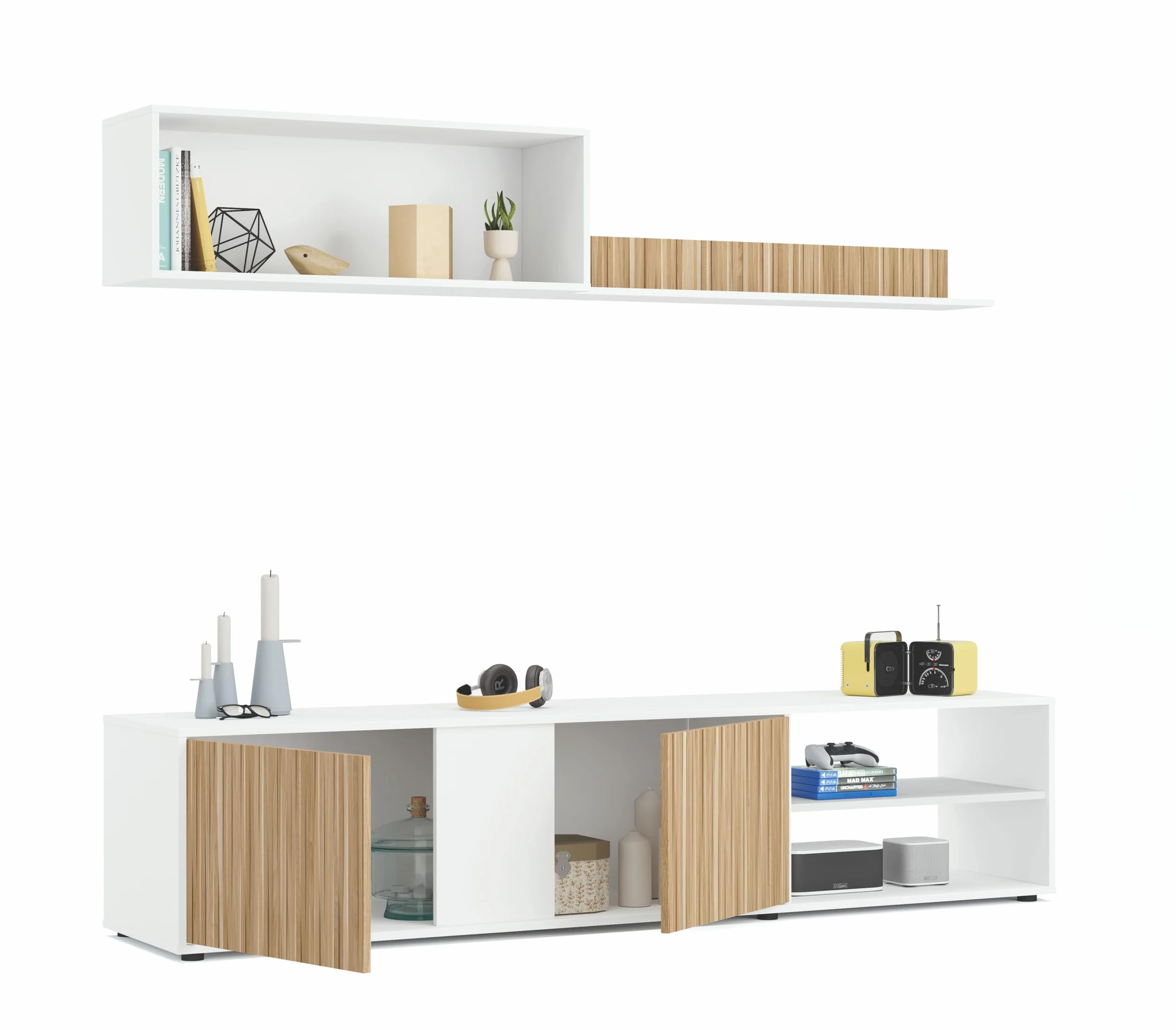 Mobelcenter, Mueble de Salón Ecco, Módulo TV, Módulo Superior y Estante, Color Blanco Artik y Natur, Medidas: Ancho: 180 cm x Fondo: 33 cm x Alto: 40 cm (1442)