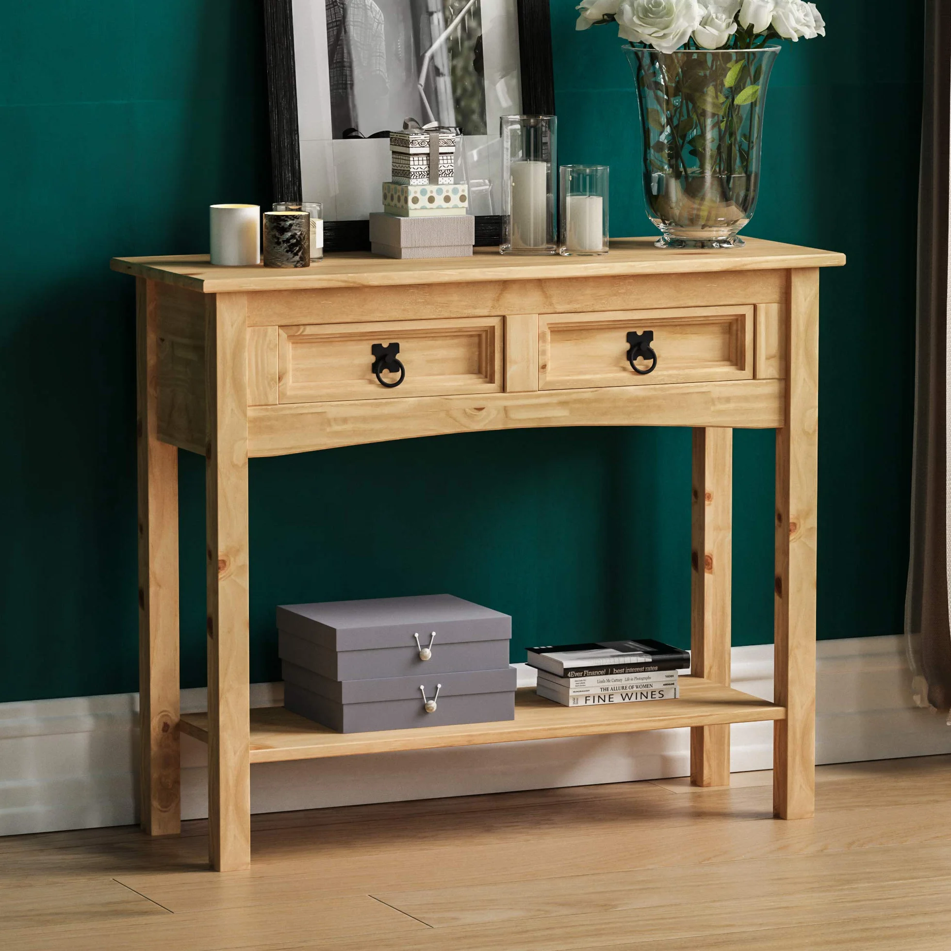 Amazon Basics Mesa consola, 2 cajones con estante, rectangular, madera de pino maciza encerada, tradicional, rústica, 79 x 211 x 178 cm