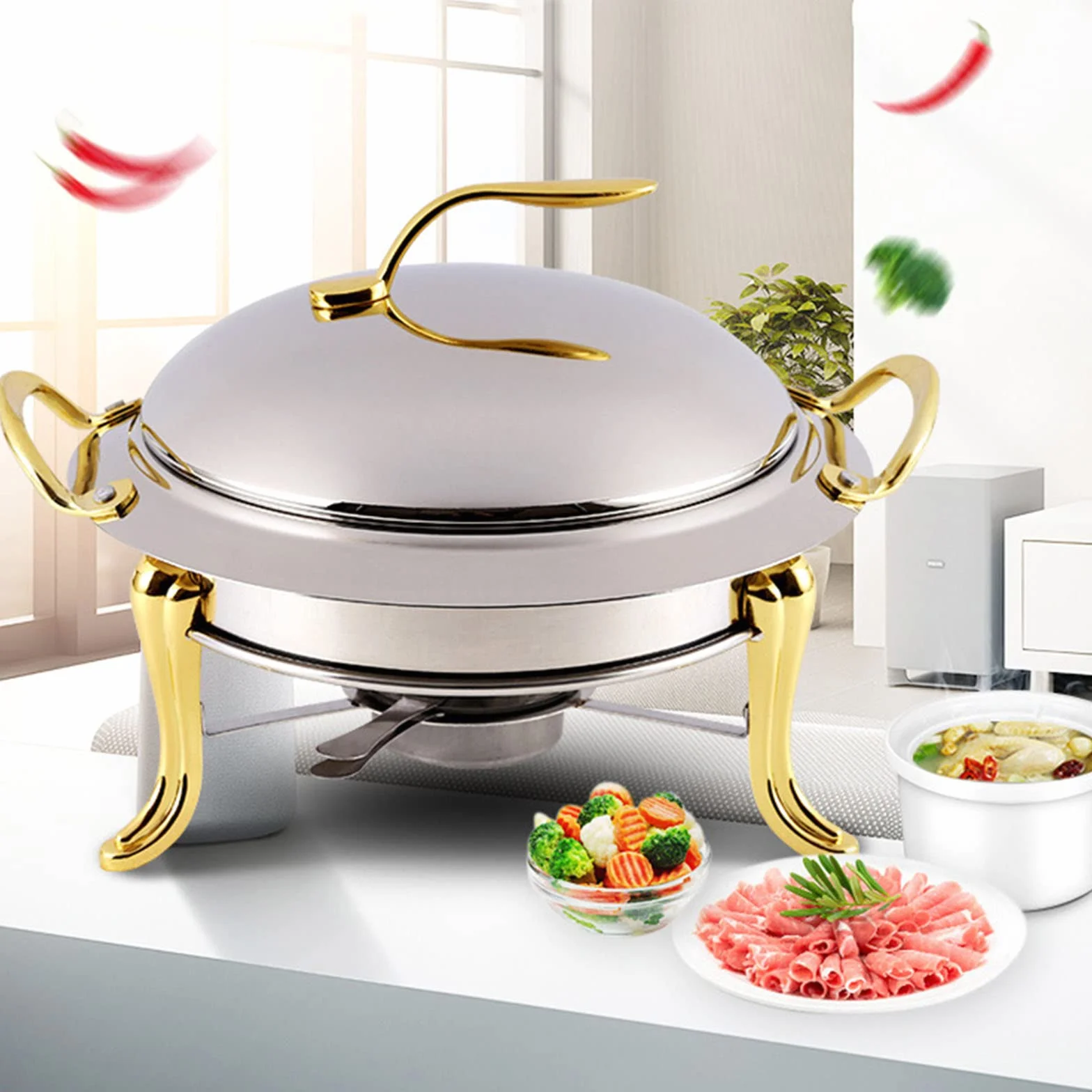 Juego de 3 platos redondos de acero inoxidable dorado de tamaño completo, calentador de alimentos con tapas y soportes de combustible, vajilla elegante para eventos